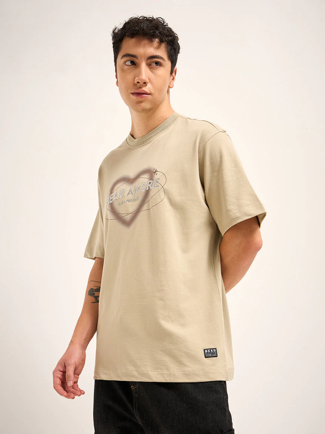Men Beige 3D graphic Design Crew Neck T-Shirt - Image 3