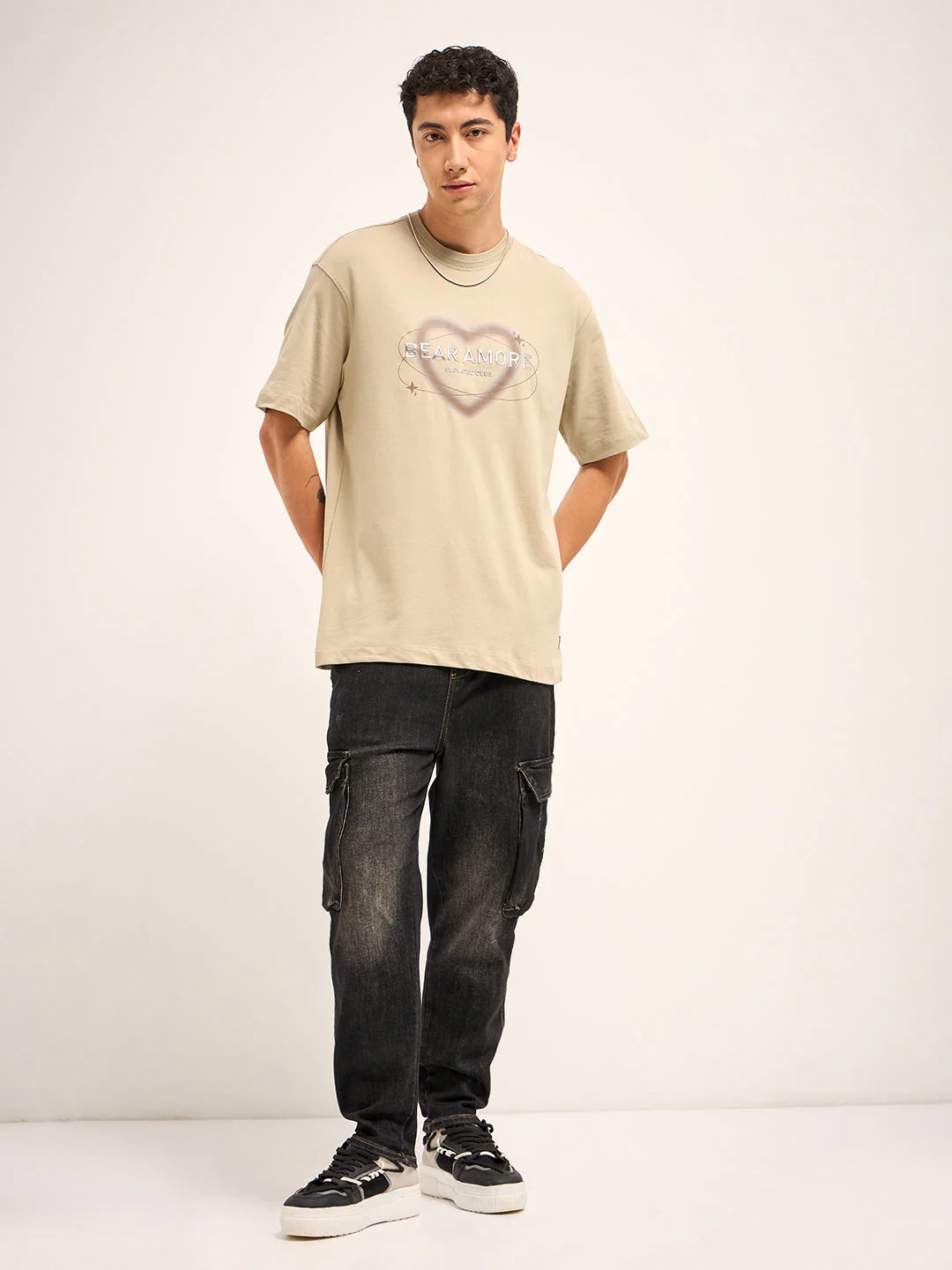 Men Beige 3D graphic Design Crew Neck T-Shirt - Image 4