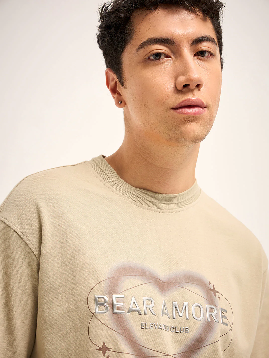 Men Beige 3D graphic Design Crew Neck T-Shirt - Image 5