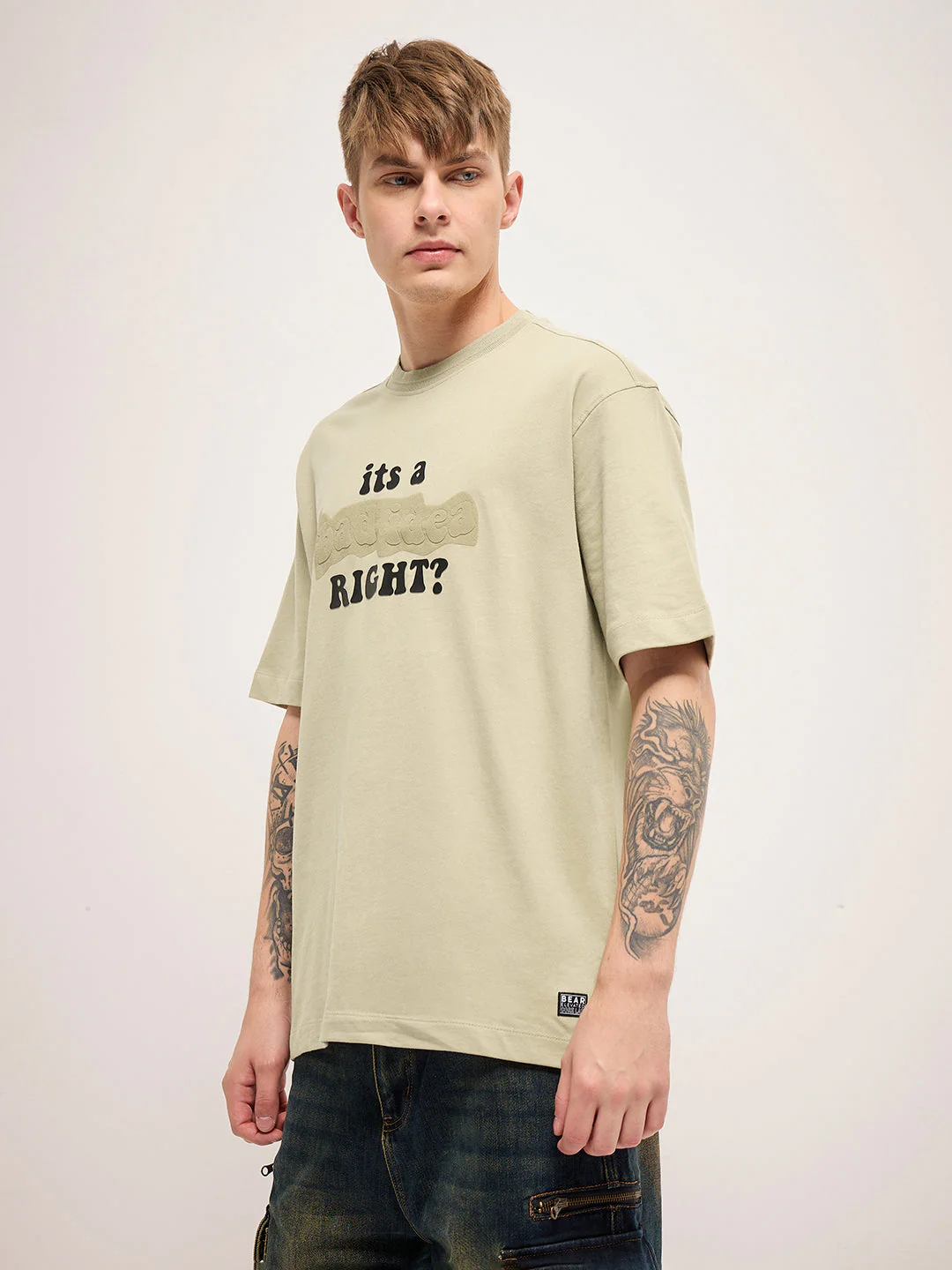 Men Beige 3D graphic Design Crew Neck T-Shirt - Image 3
