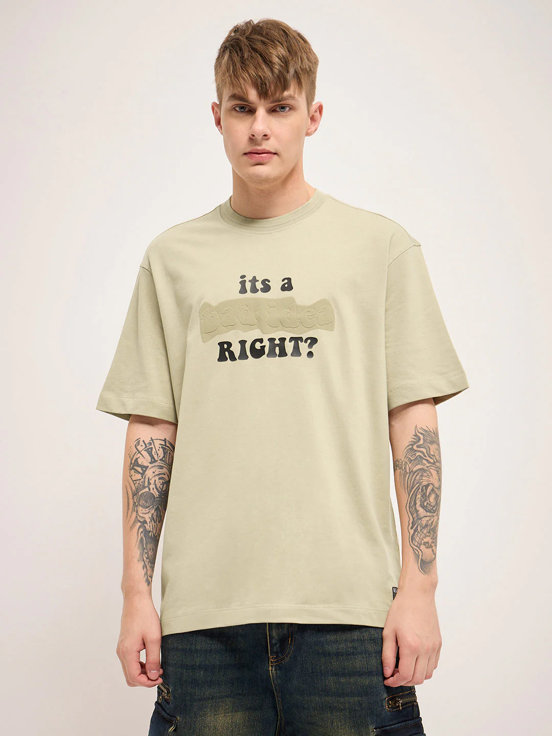 Men Beige 3D graphic Design Crew Neck T-Shirt - Image 6