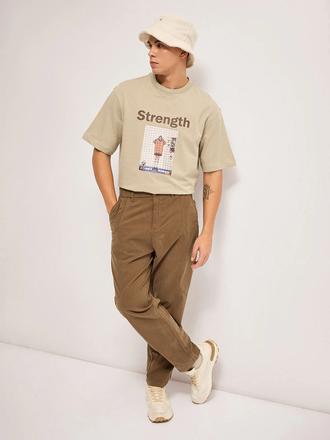 Men Beige 3D graphic Design Crew Neck T-Shirt - Image 5