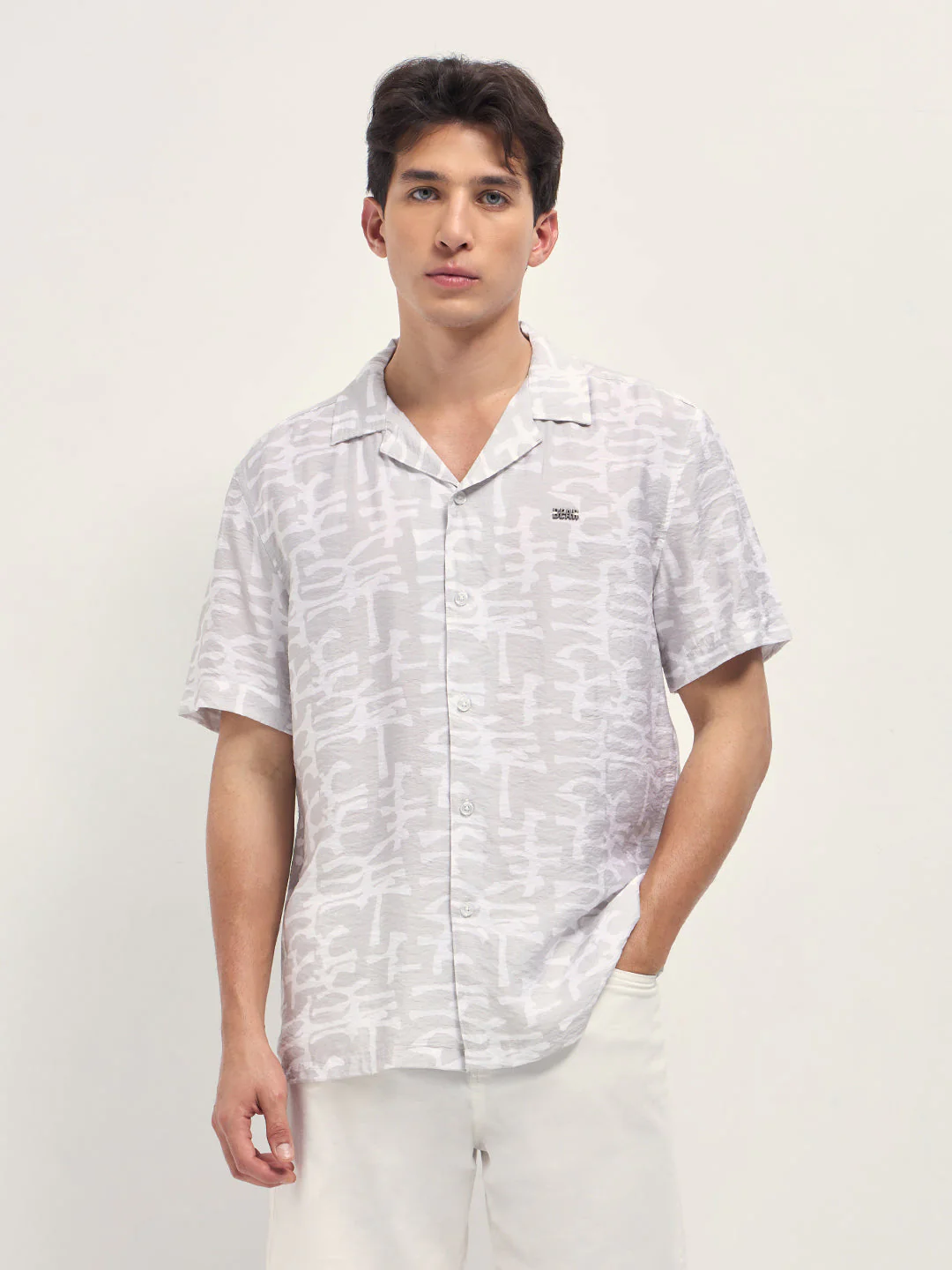 Men Beige Abstract Brush Stroke Print Relaxed Fit Cuban Collar Shirt - Image 6