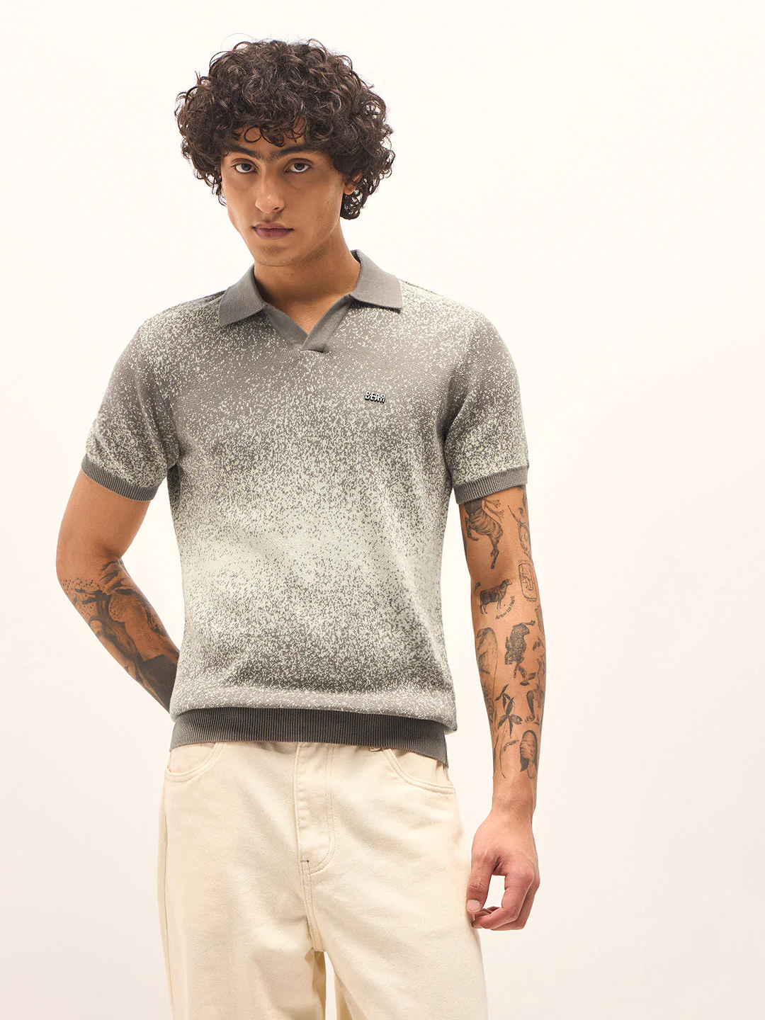 Men Beige and Grey Gradient speckled design Slim Fit Polo - Image 6