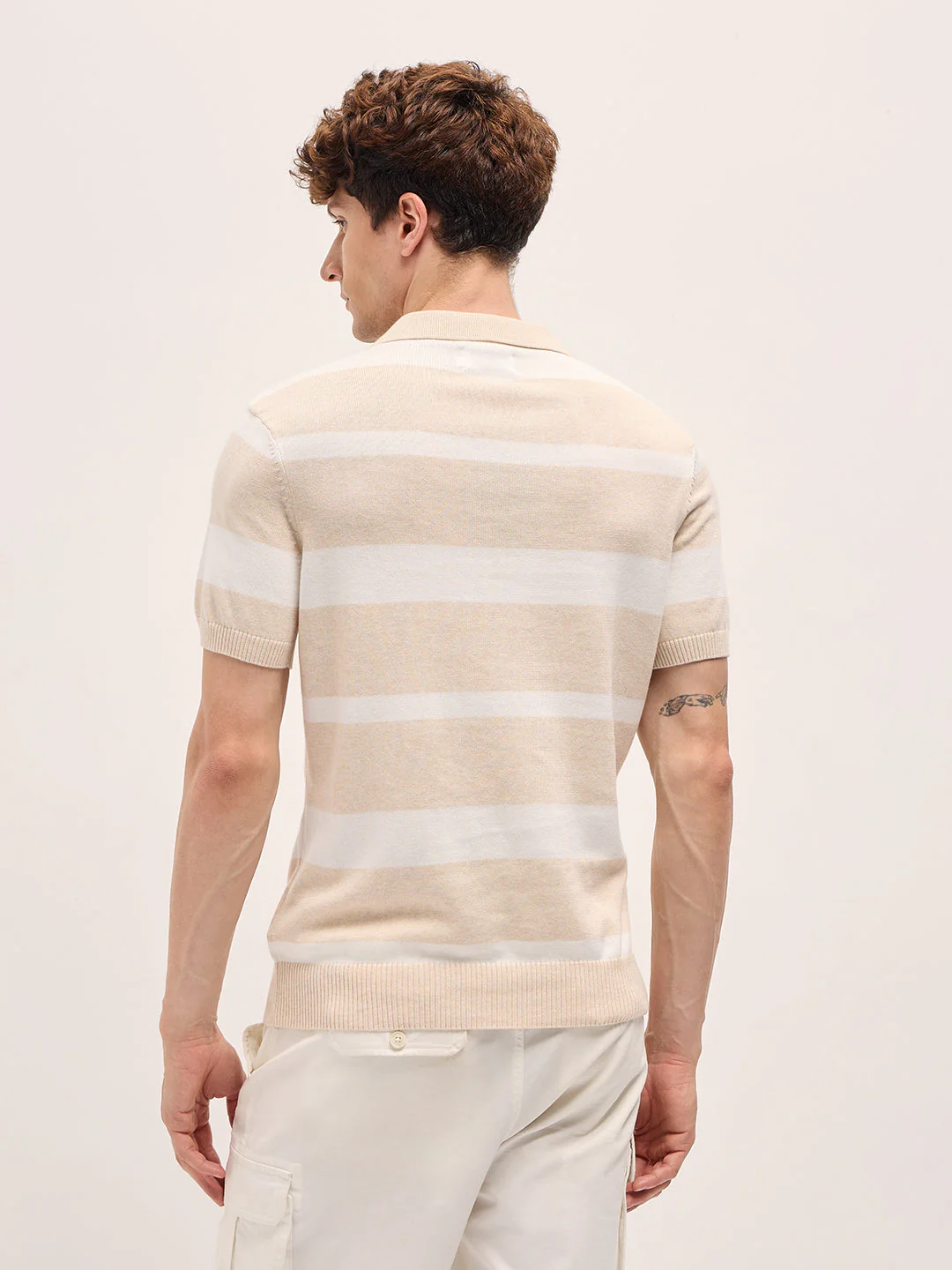 Men Beige and White Horizontal Stripes Slim Fit Polo - Image 2