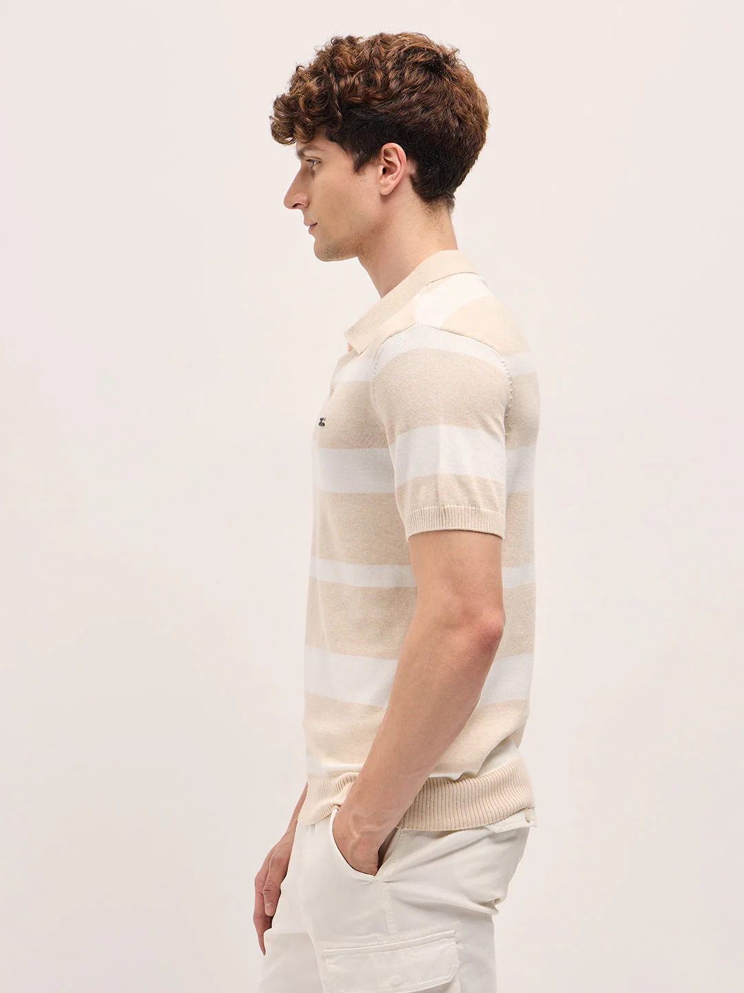 Men Beige and White Horizontal Stripes Slim Fit Polo - Image 3
