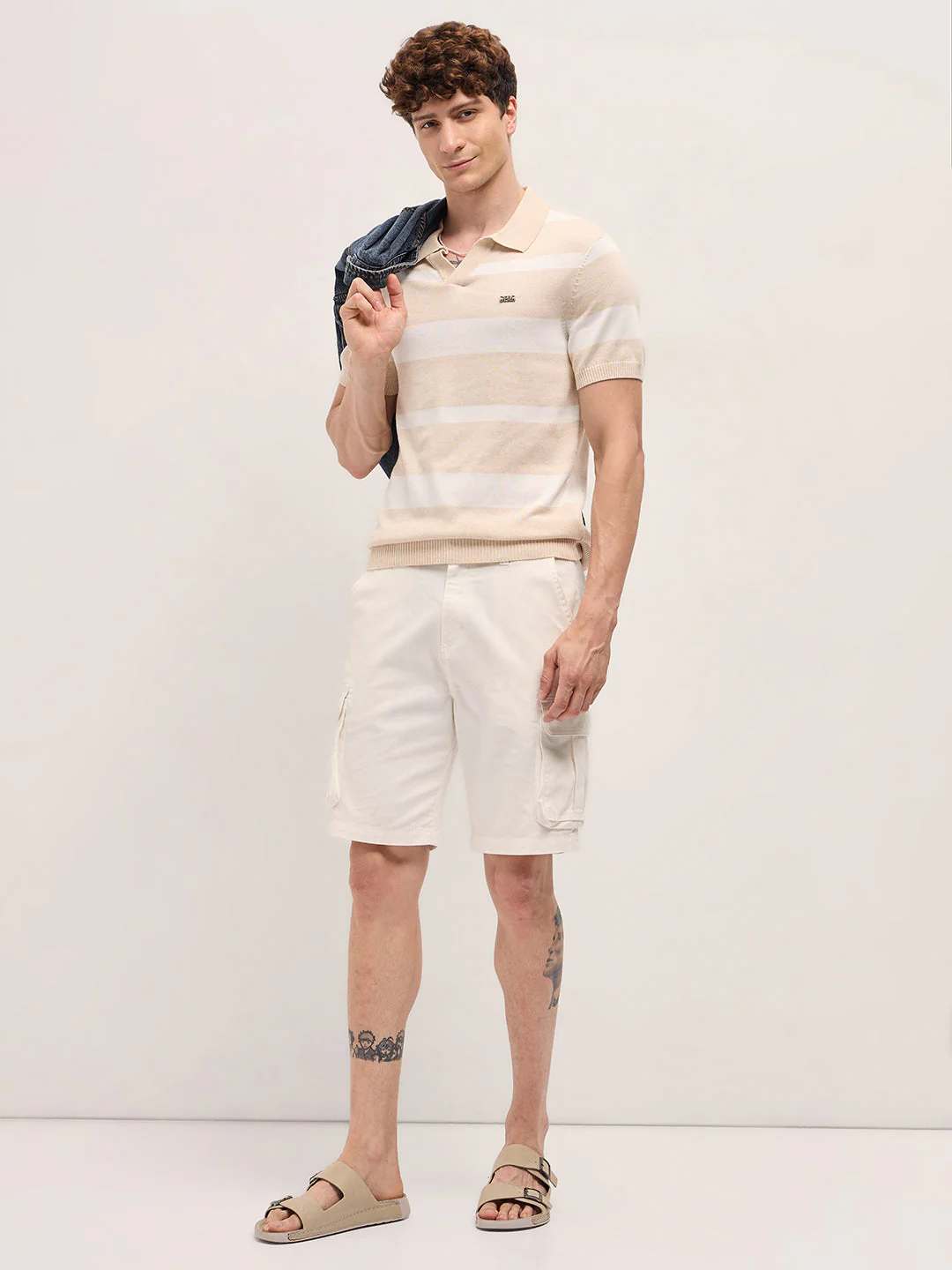 Men Beige and White Horizontal Stripes Slim Fit Polo - Image 4