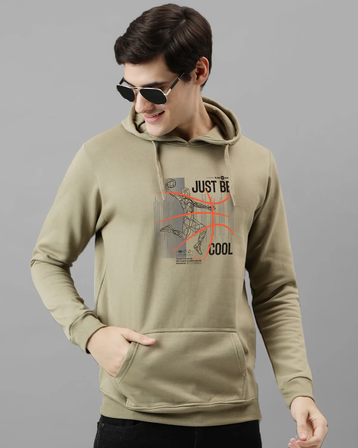 Men Beige Basketball Design Hoodie - Image 4