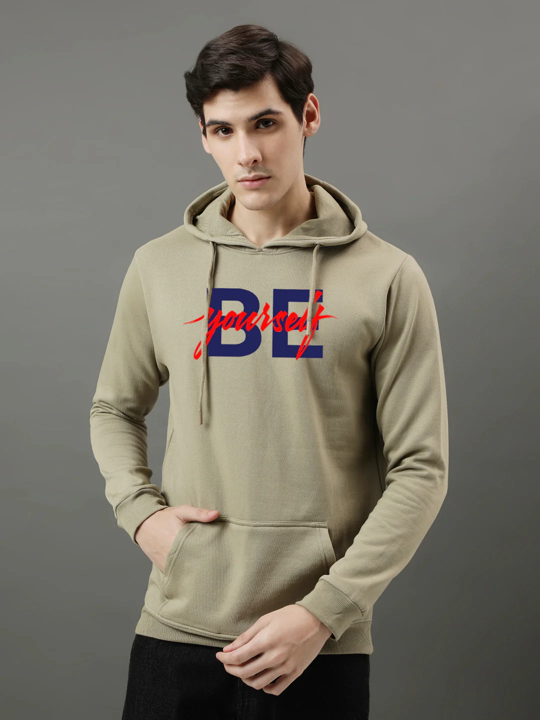 Men Beige Be Yourself ton Printed Hoodie - Image 2