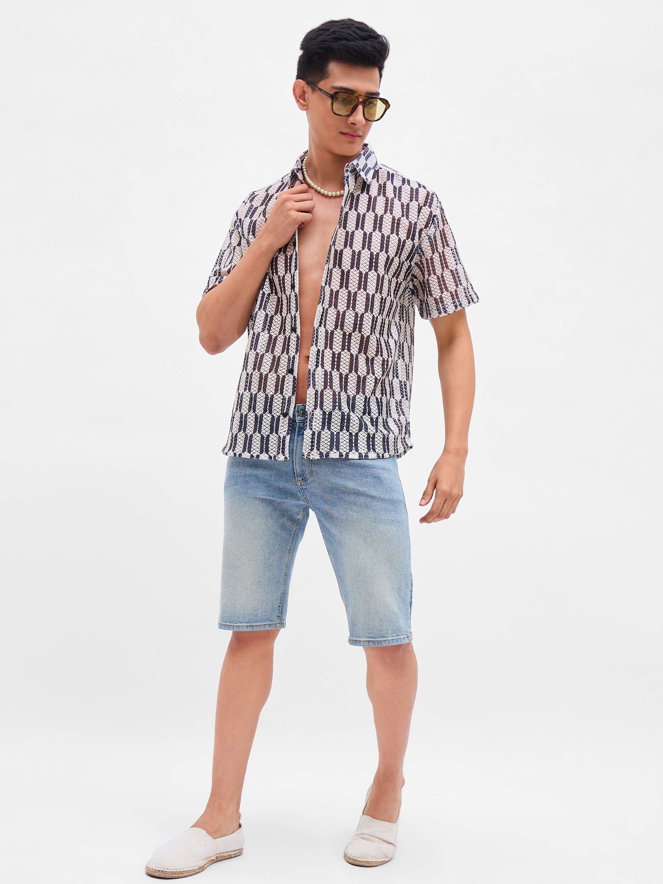 Men Beige & Black Geometric Print Crochet Shirt - Image 2