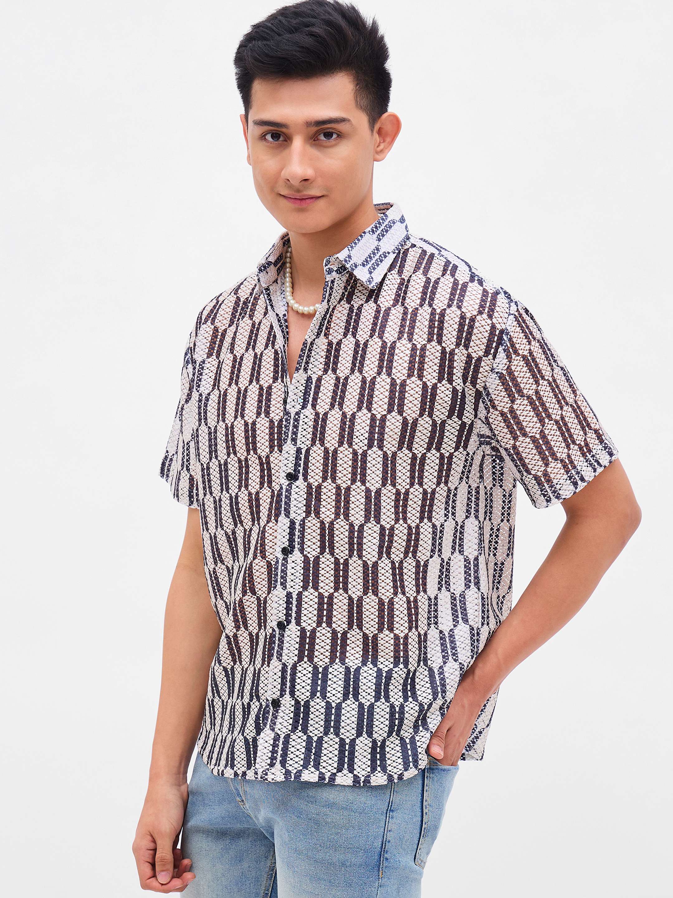 Men Beige & Black Geometric Print Crochet Shirt - Image 3
