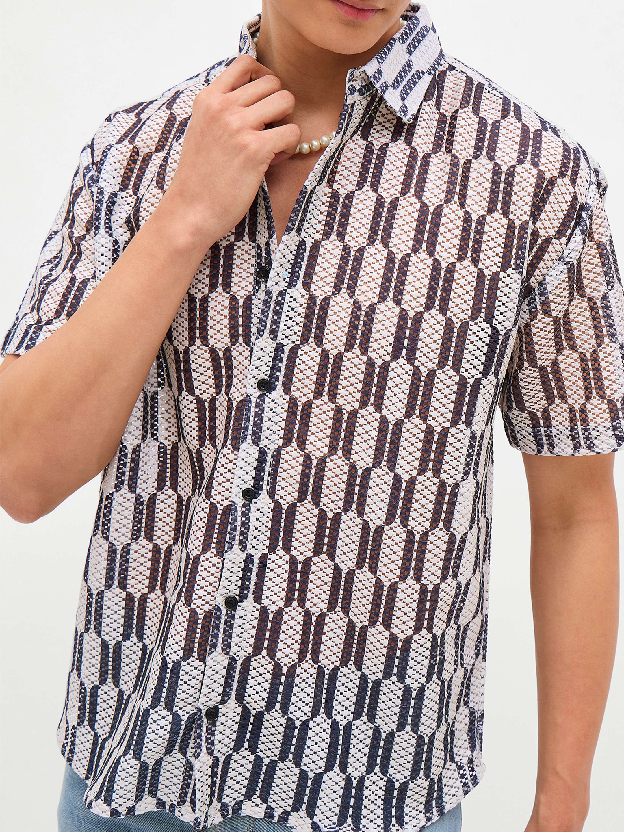 Men Beige & Black Geometric Print Crochet Shirt - Image 4