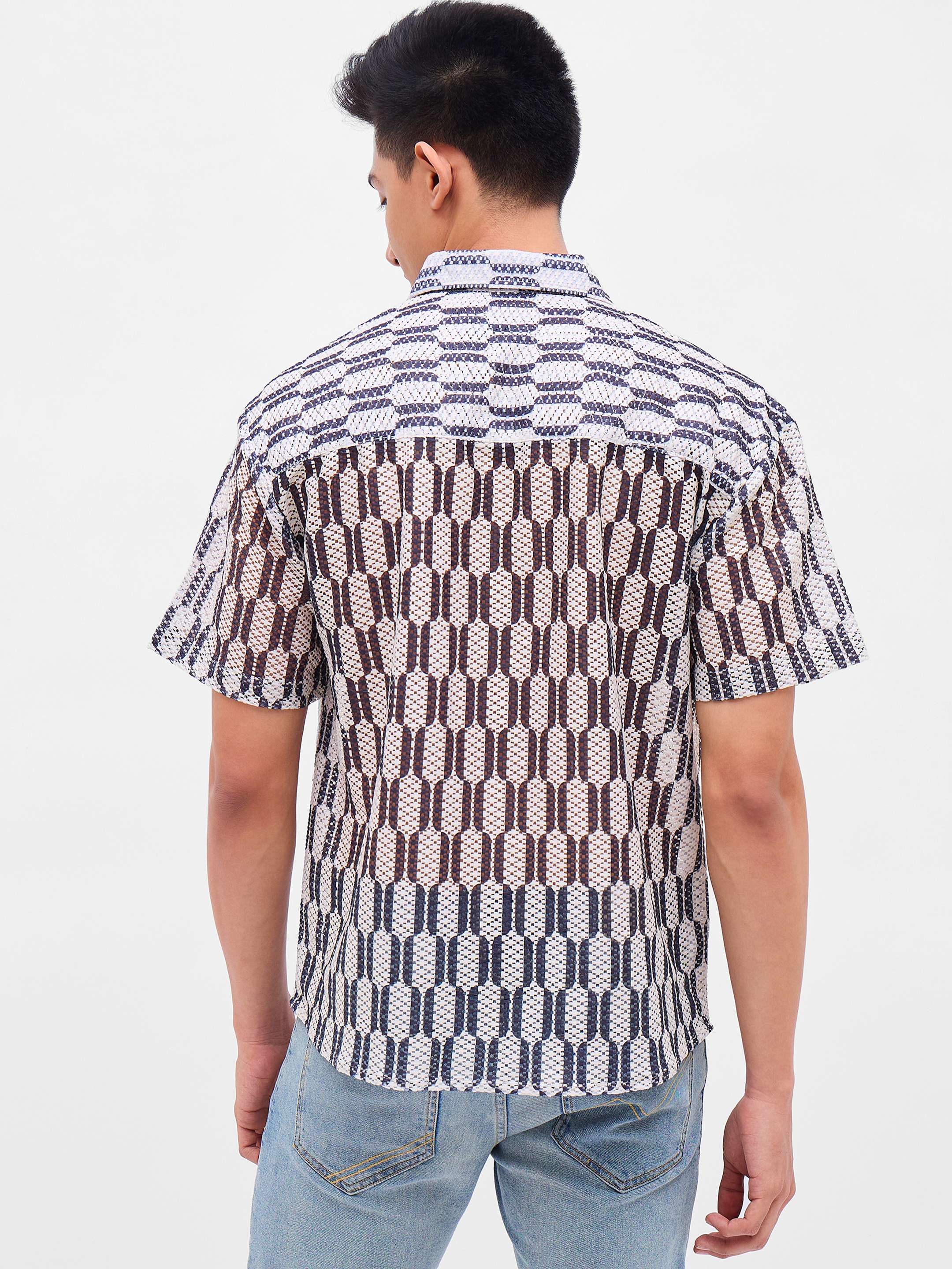Men Beige & Black Geometric Print Crochet Shirt - Image 5