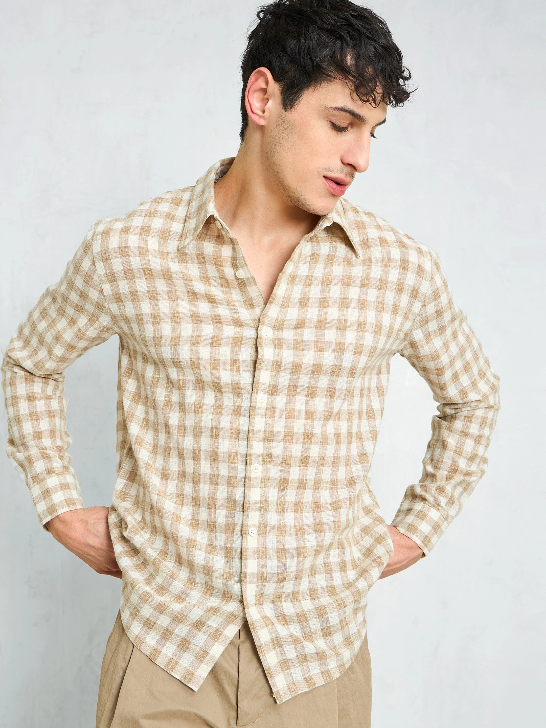 Men Beige & Brown Cotton Check Relax Fit Shirt - Image 2