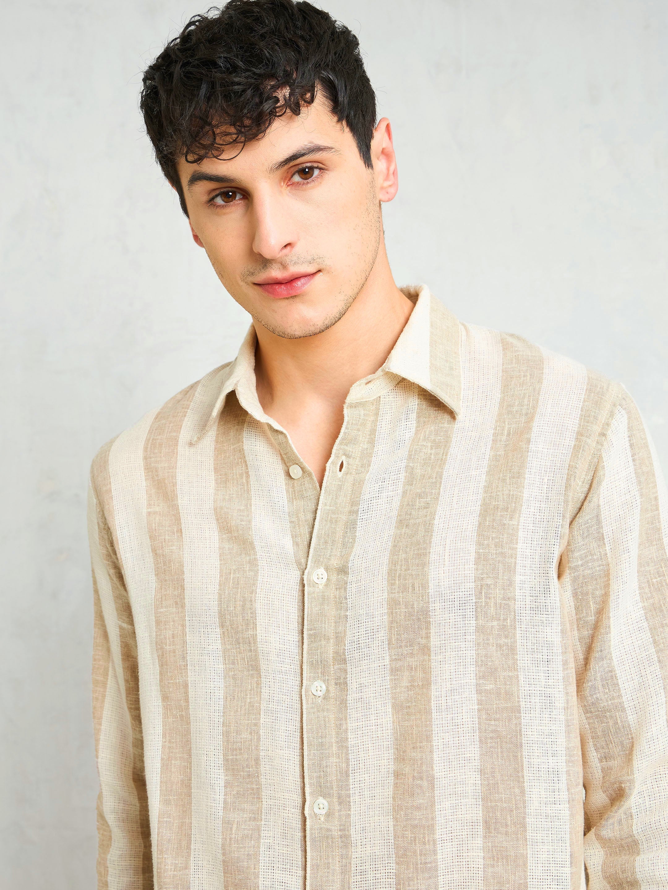 Men Beige & Brown  Cotton Striped Relax Fit Shirt - Image 2