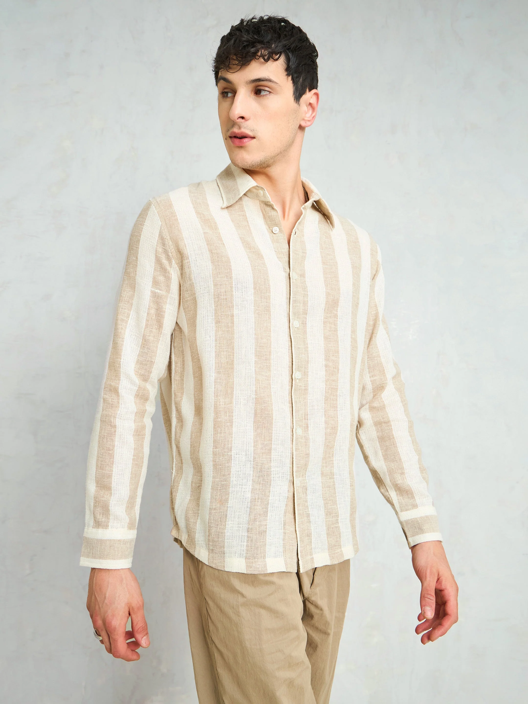Men Beige & Brown  Cotton Striped Relax Fit Shirt - Image 3