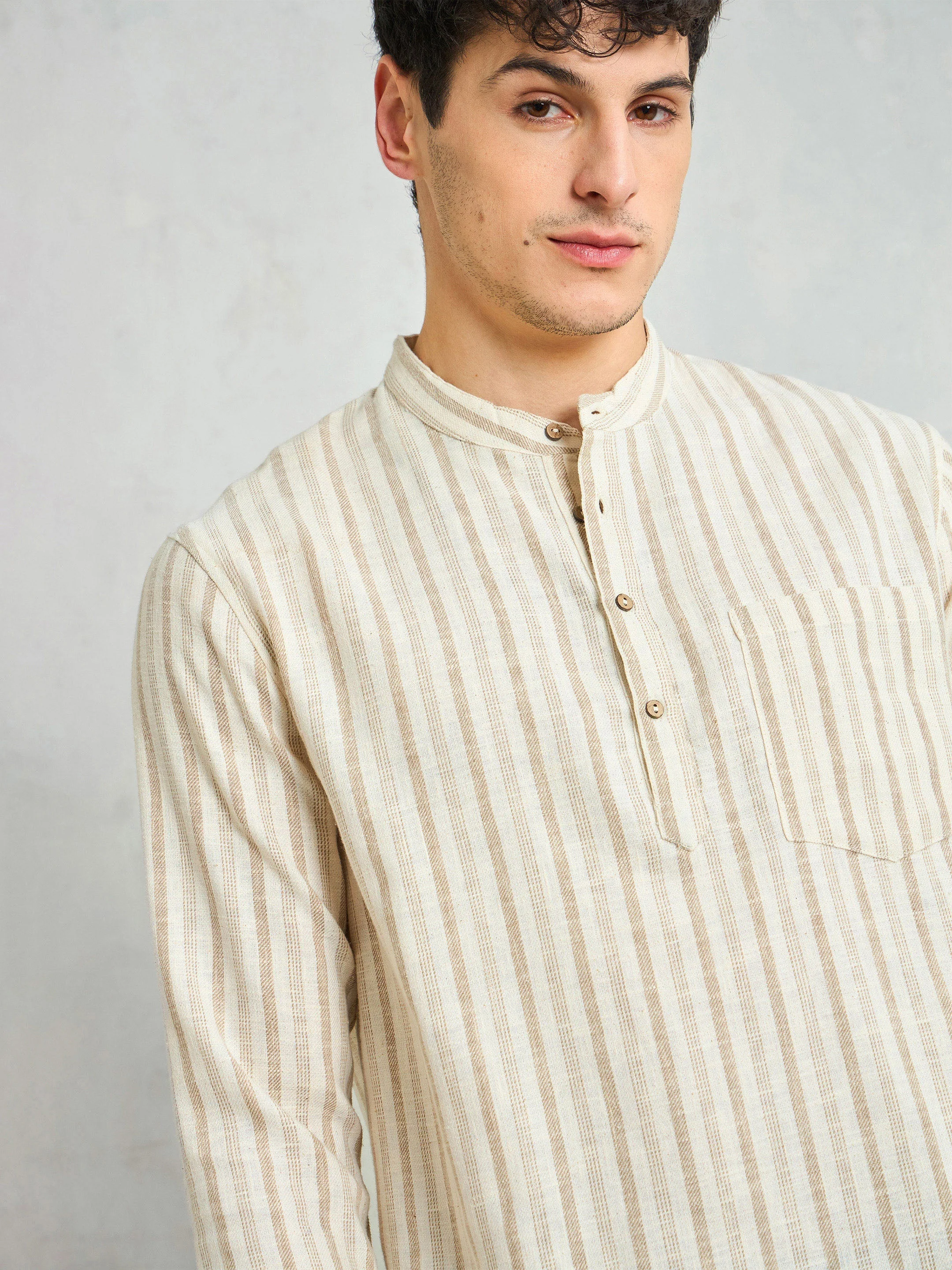 Men Beige & Brown Stripes Relax Fit Kurta Shirt - Image 2