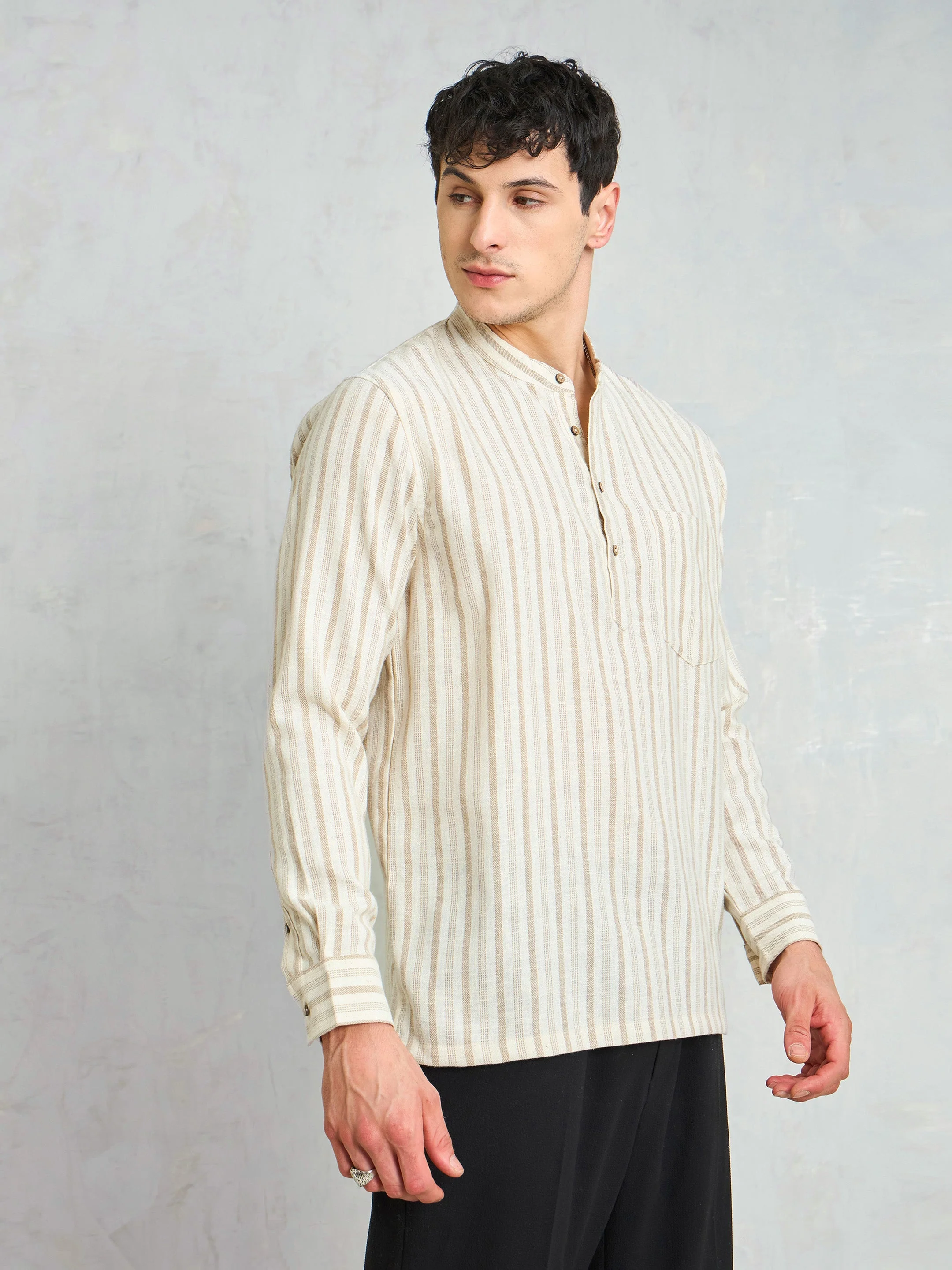 Men Beige & Brown Stripes Relax Fit Kurta Shirt - Image 3