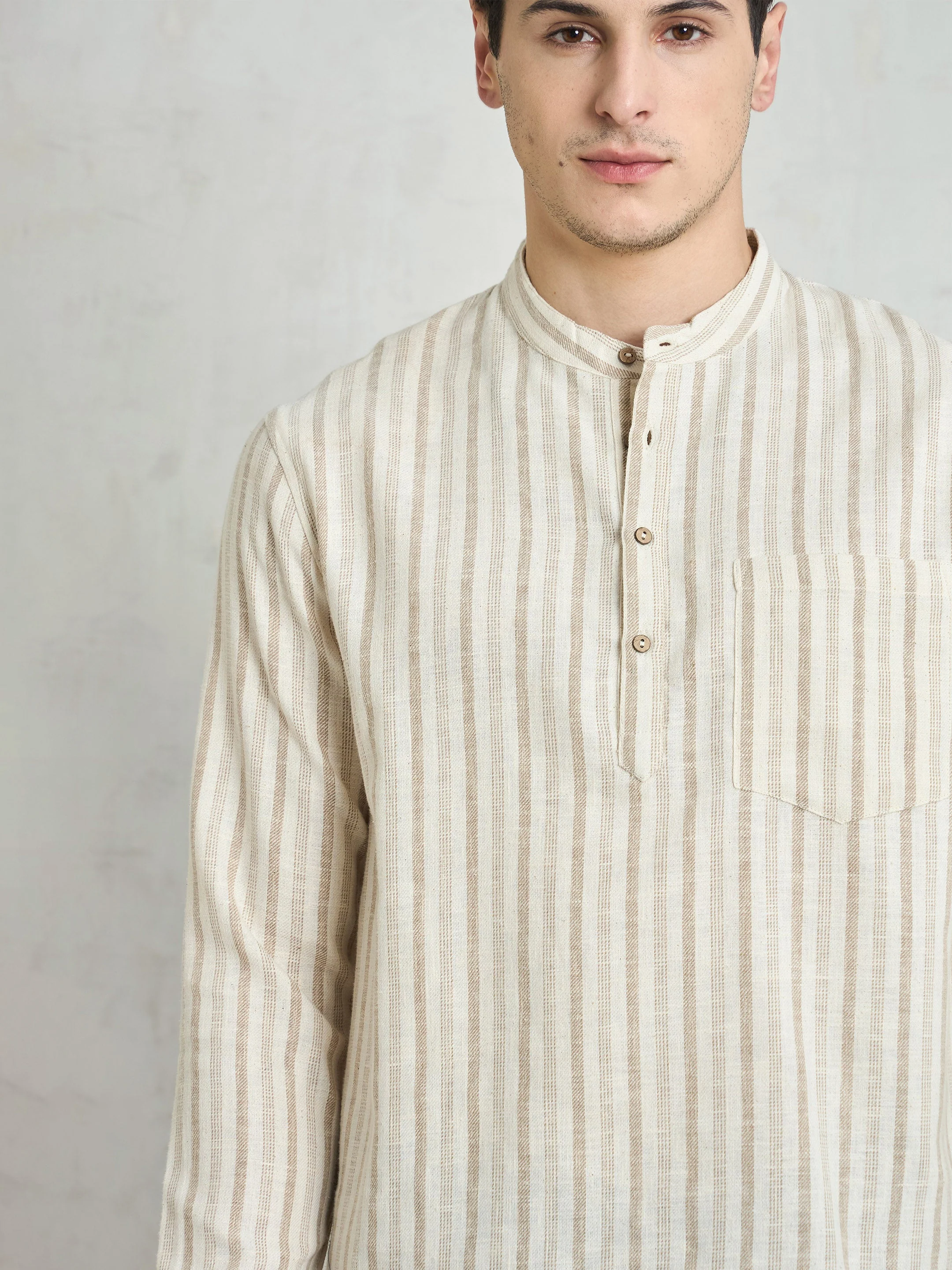 Men Beige & Brown Stripes Relax Fit Kurta Shirt - Image 4