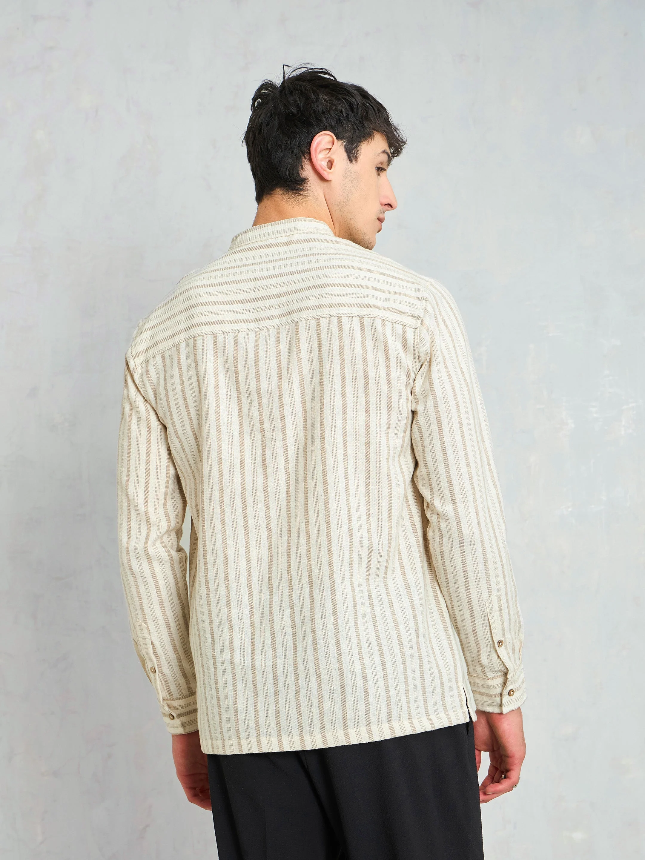Men Beige & Brown Stripes Relax Fit Kurta Shirt - Image 5