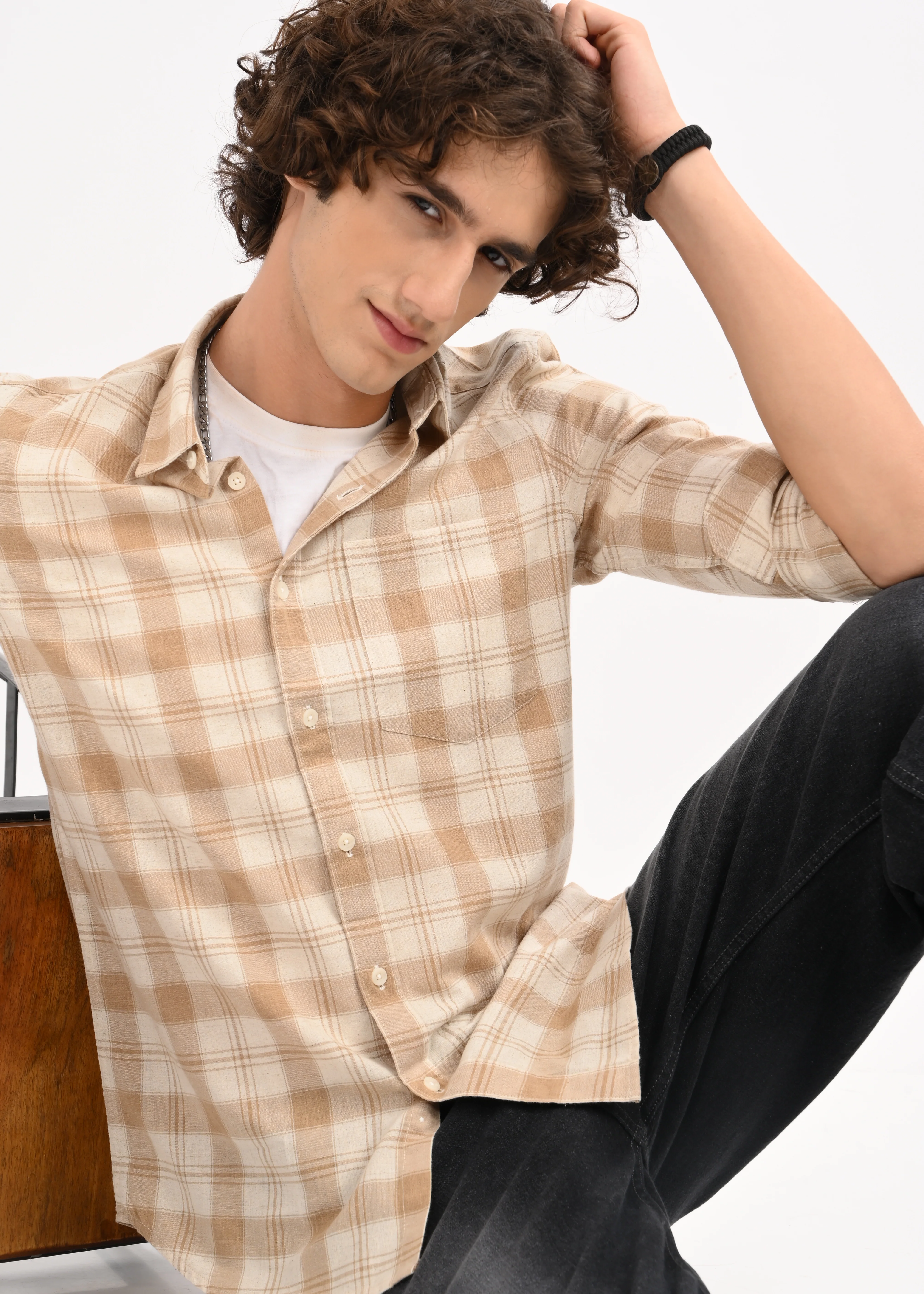 Men Beige Check Shirt - Image 2