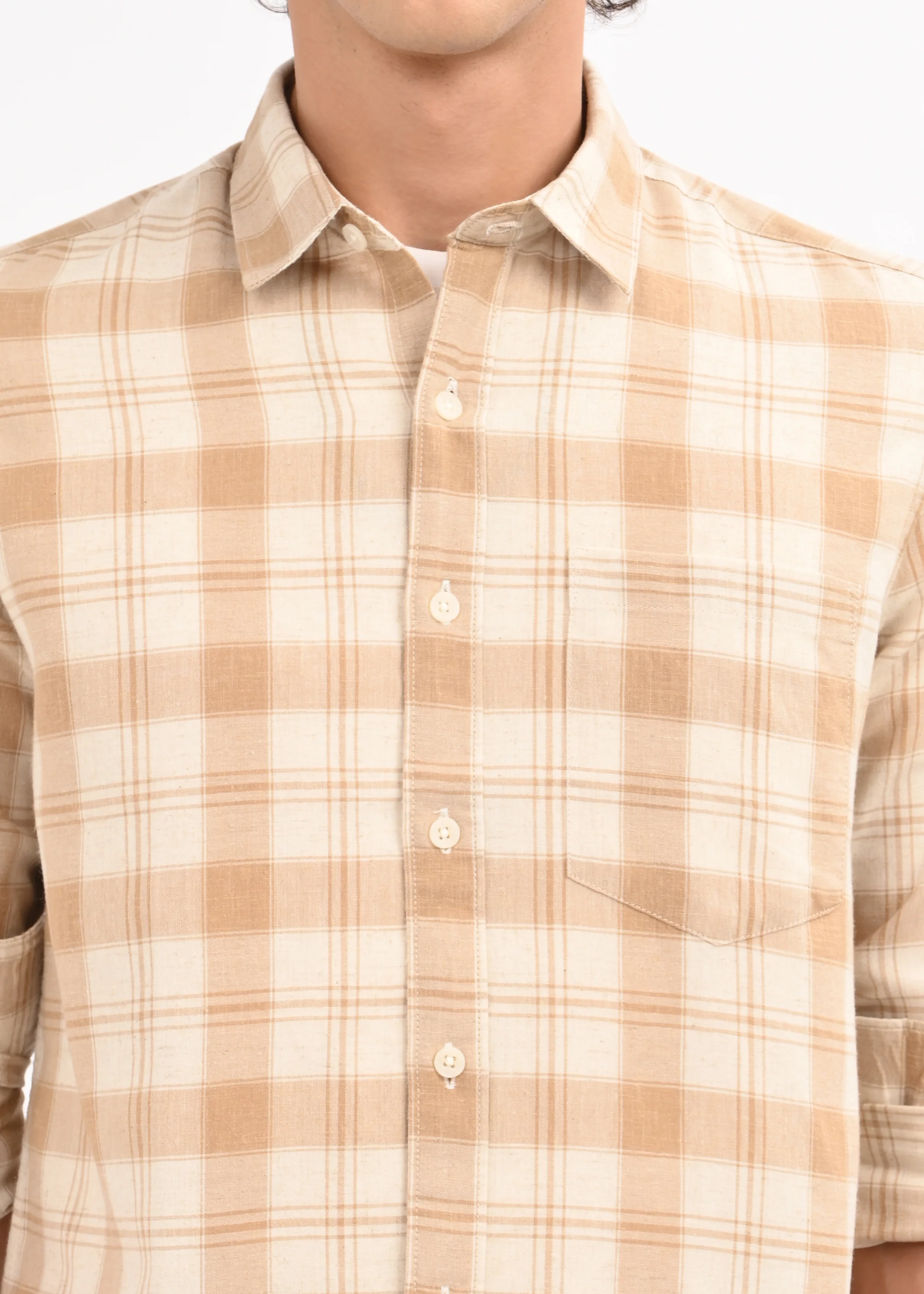 Men Beige Check Shirt - Image 3