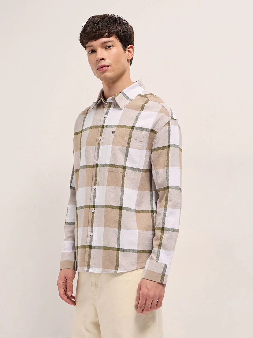 Men Beige Checked Design Relax Fit Casual Shirt - Image 3