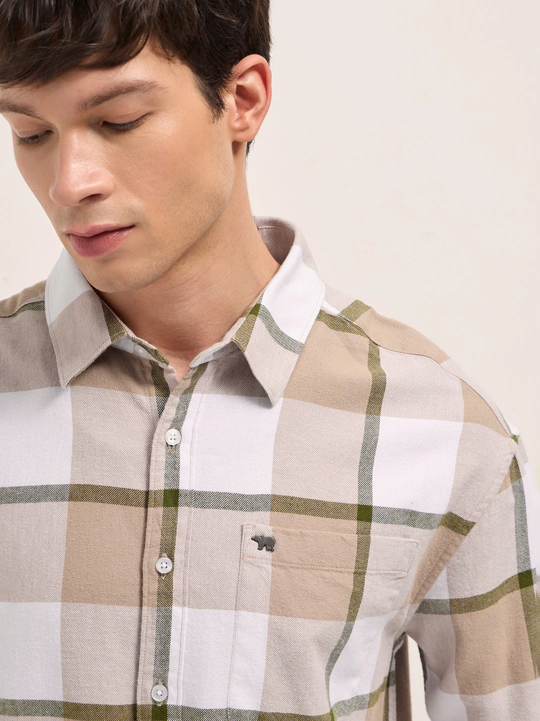 Men Beige Checked Design Relax Fit Casual Shirt - Image 5
