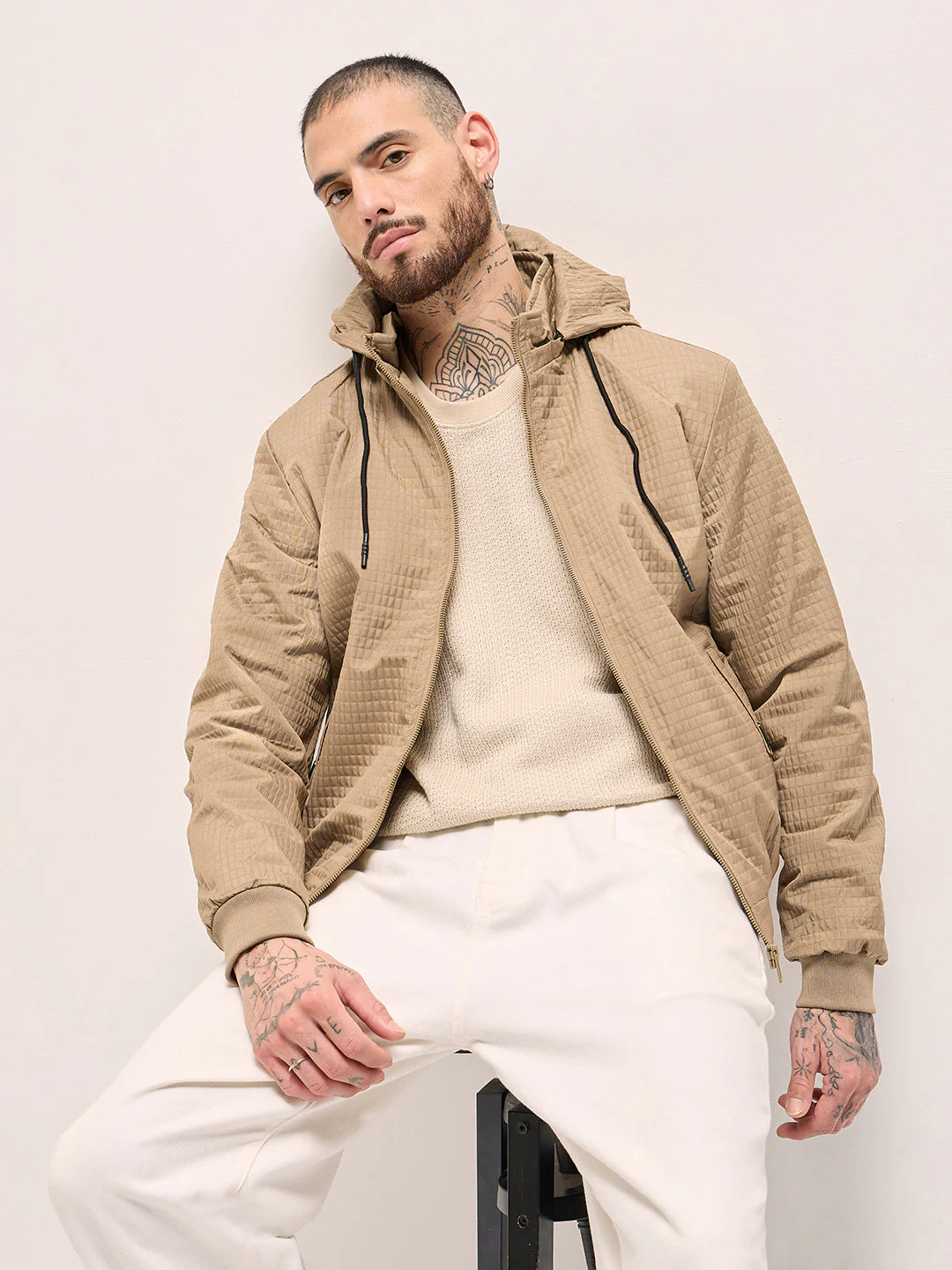 Men Beige Checked Jacket
