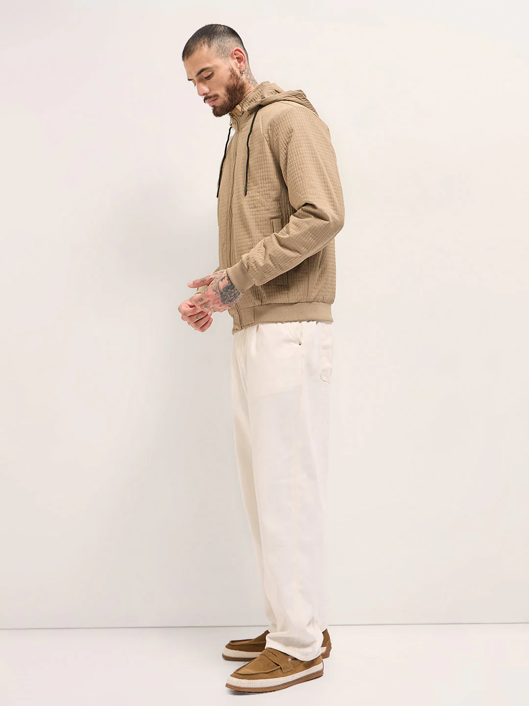 Men Beige Checked Jacket - Image 3
