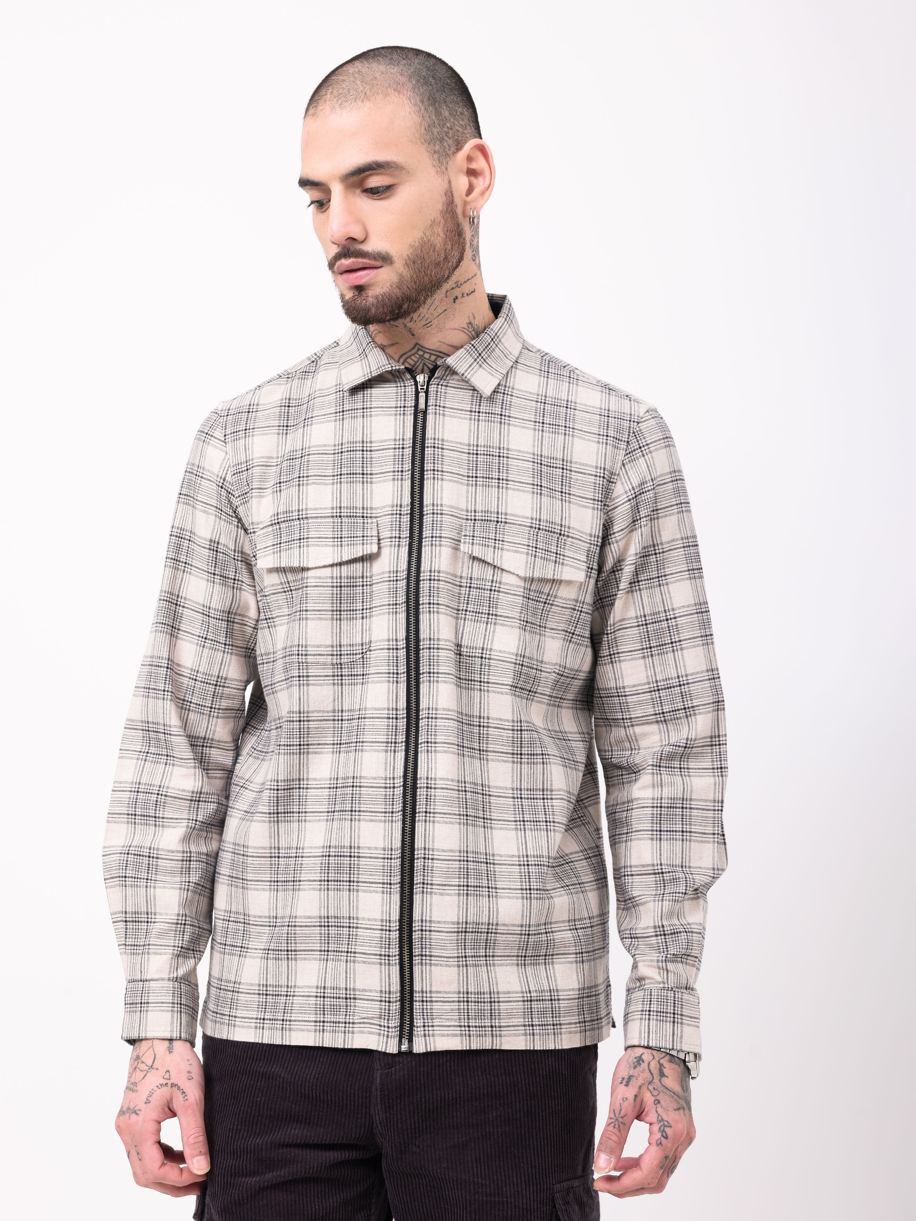 Men Beige Checked Shacket - Image 3