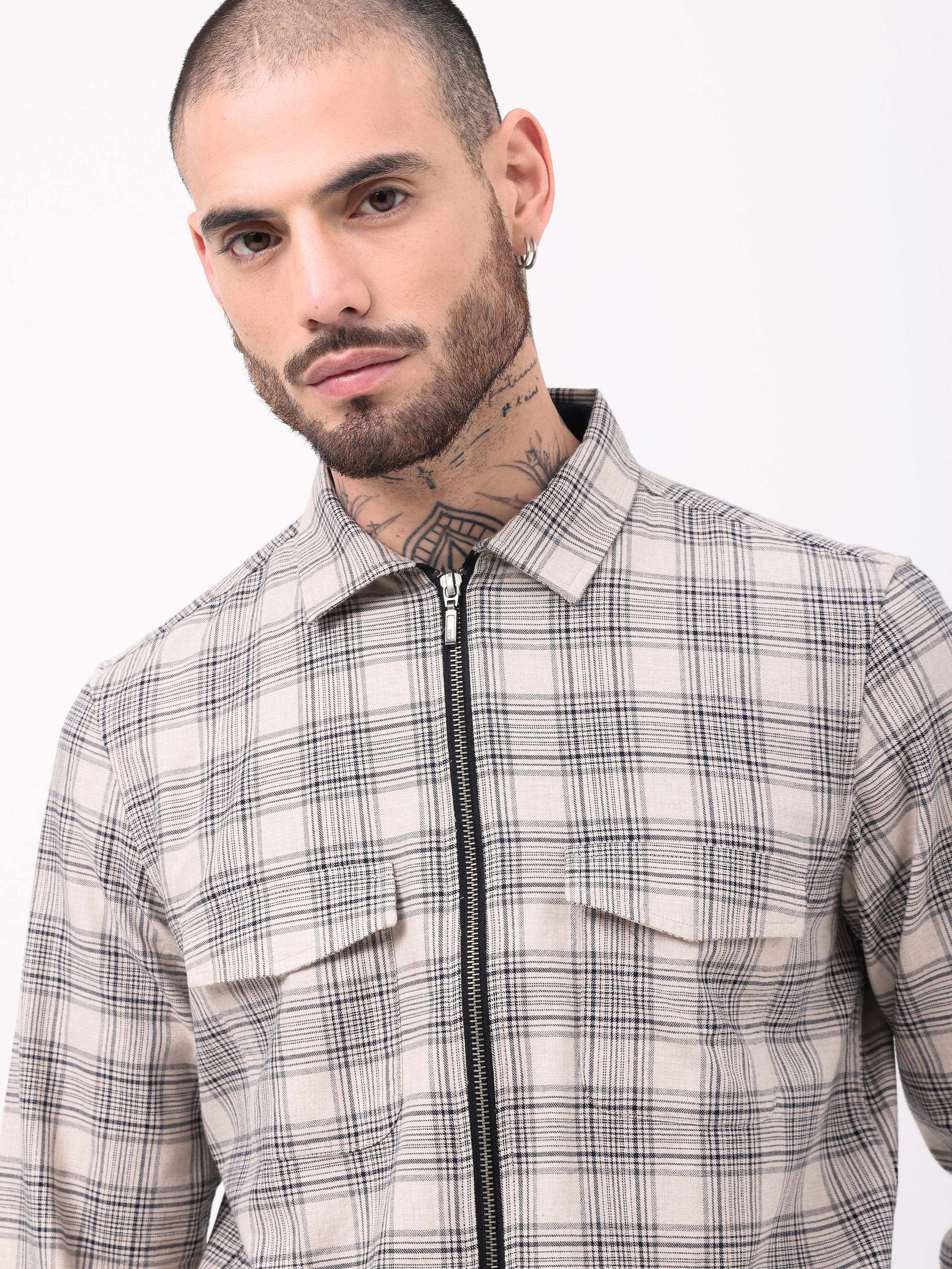 Men Beige Checked Shacket - Image 4