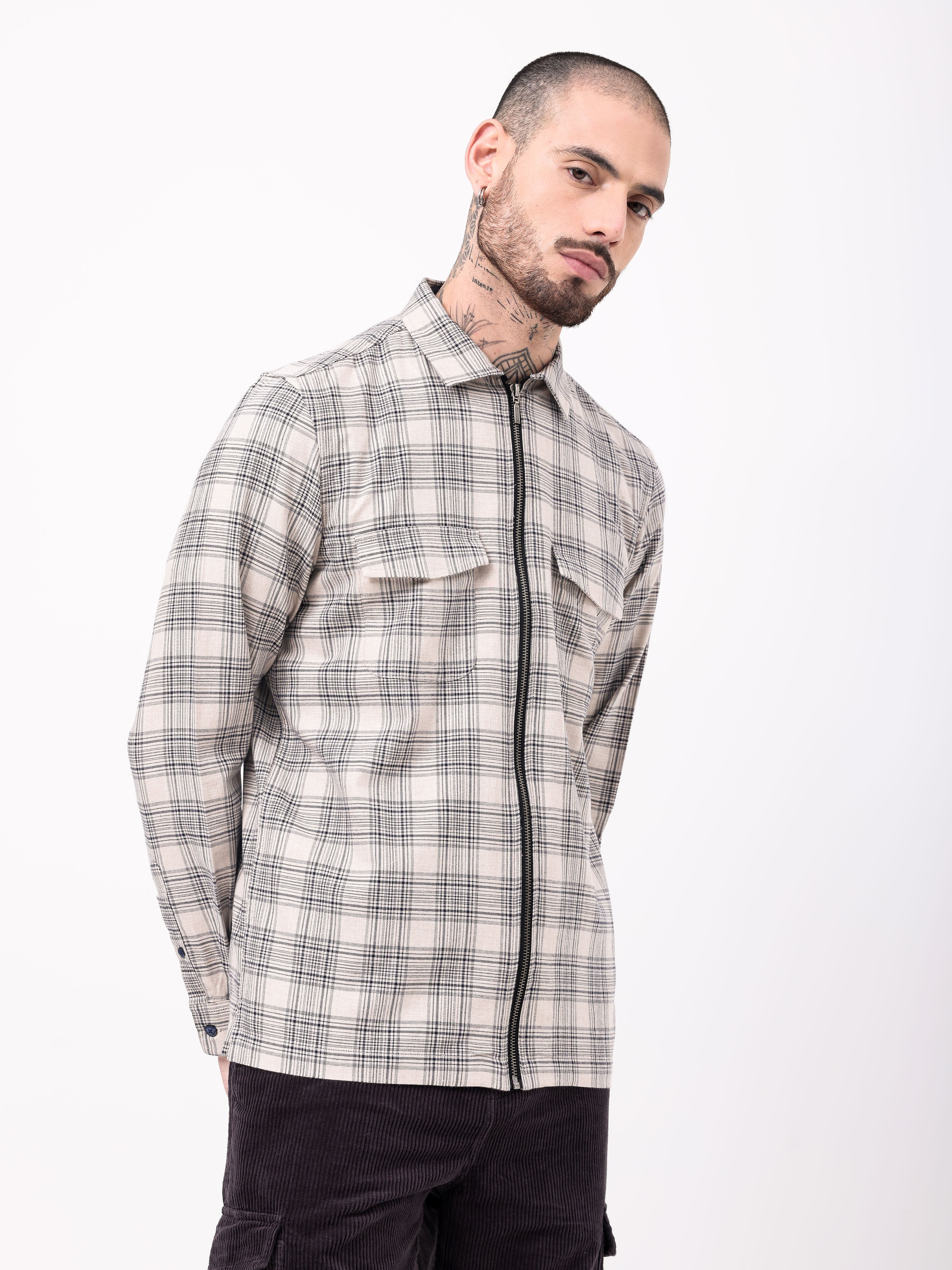 Men Beige Checked Shacket - Image 5