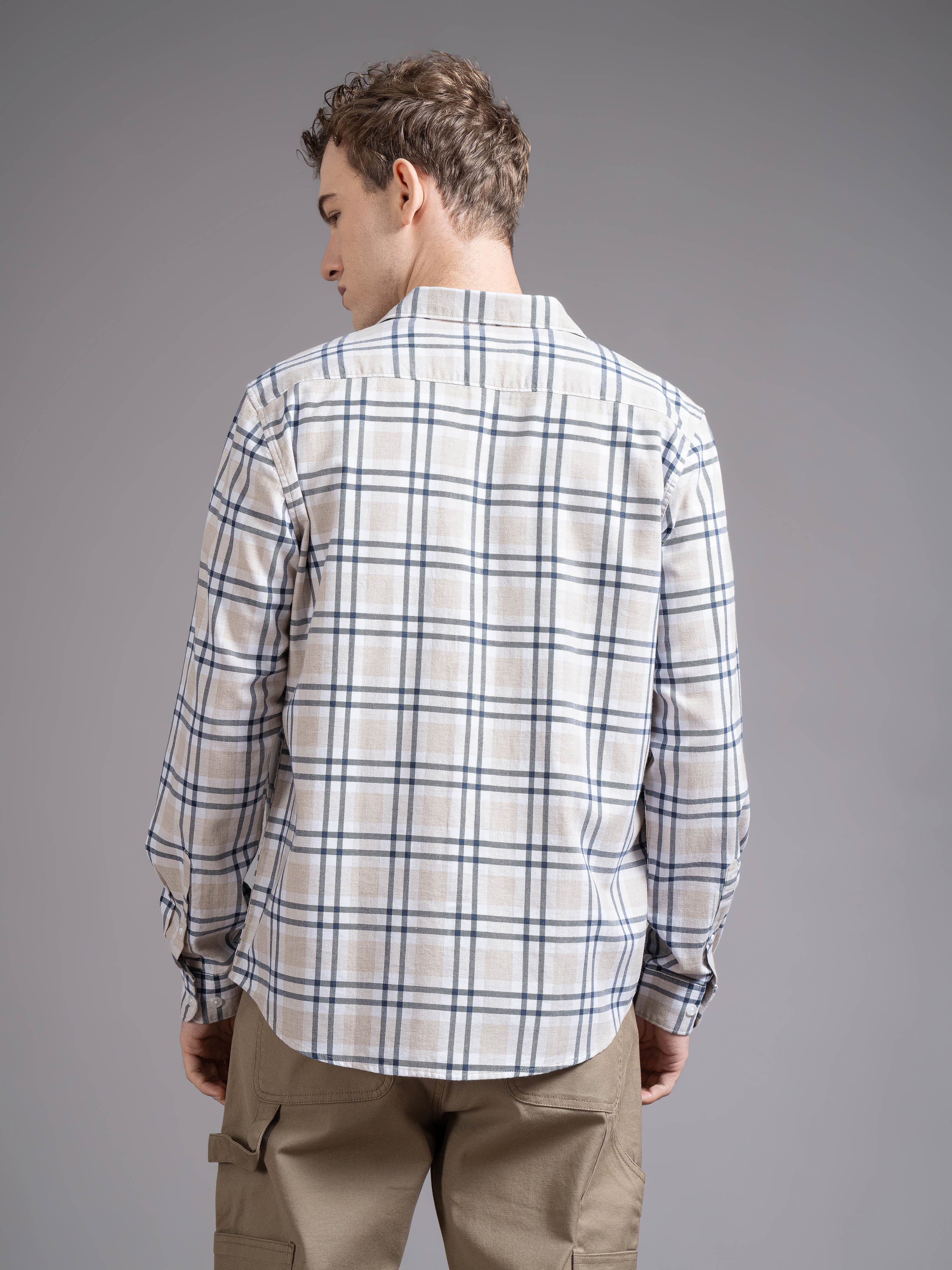 Men Beige Checked Shirt - Image 2
