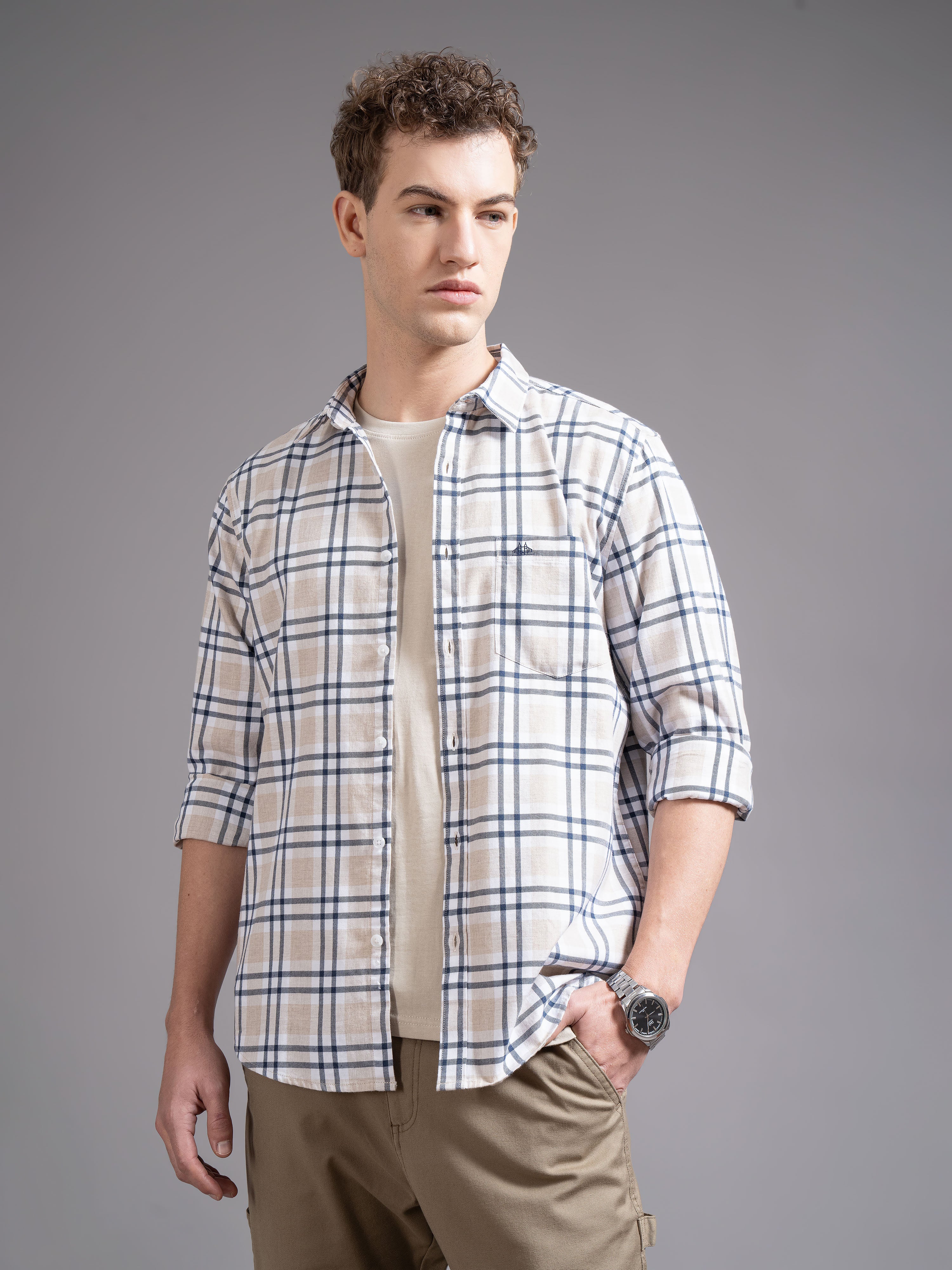 Men Beige Checked Shirt - Image 3