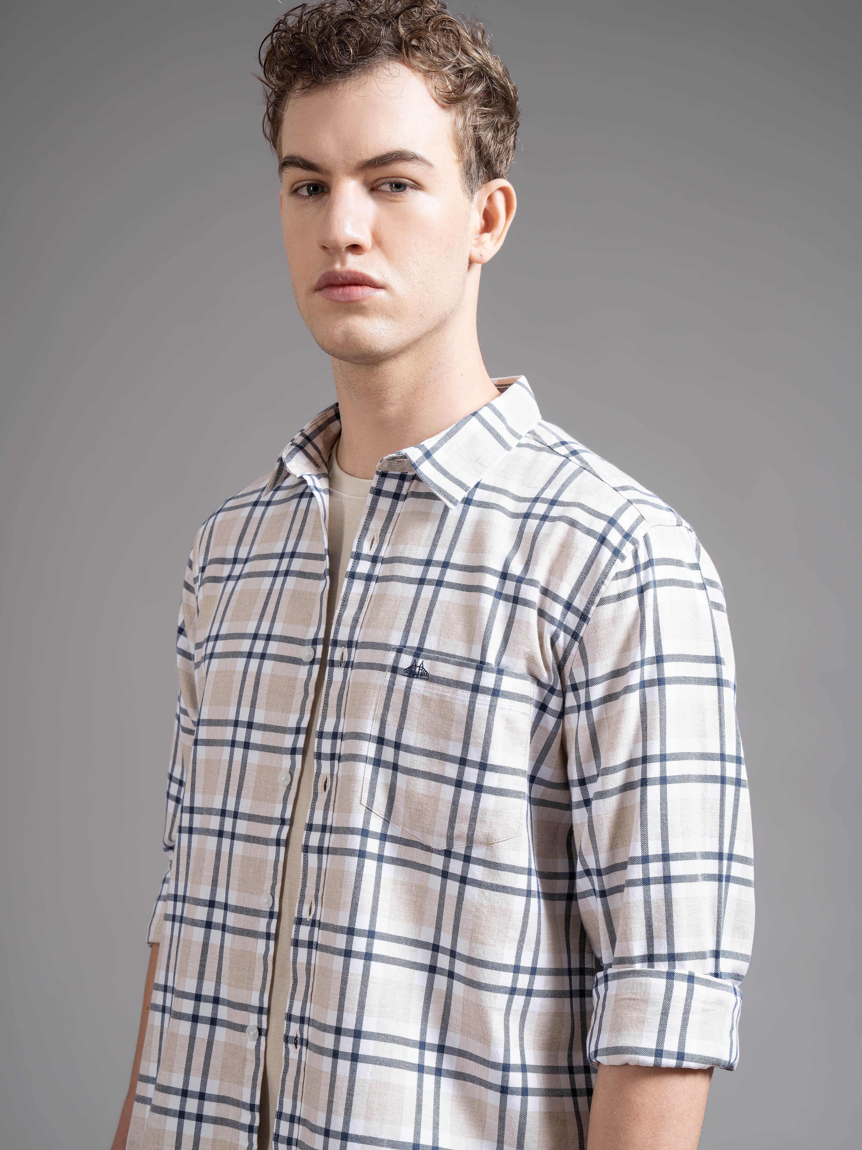 Men Beige Checked Shirt - Image 5