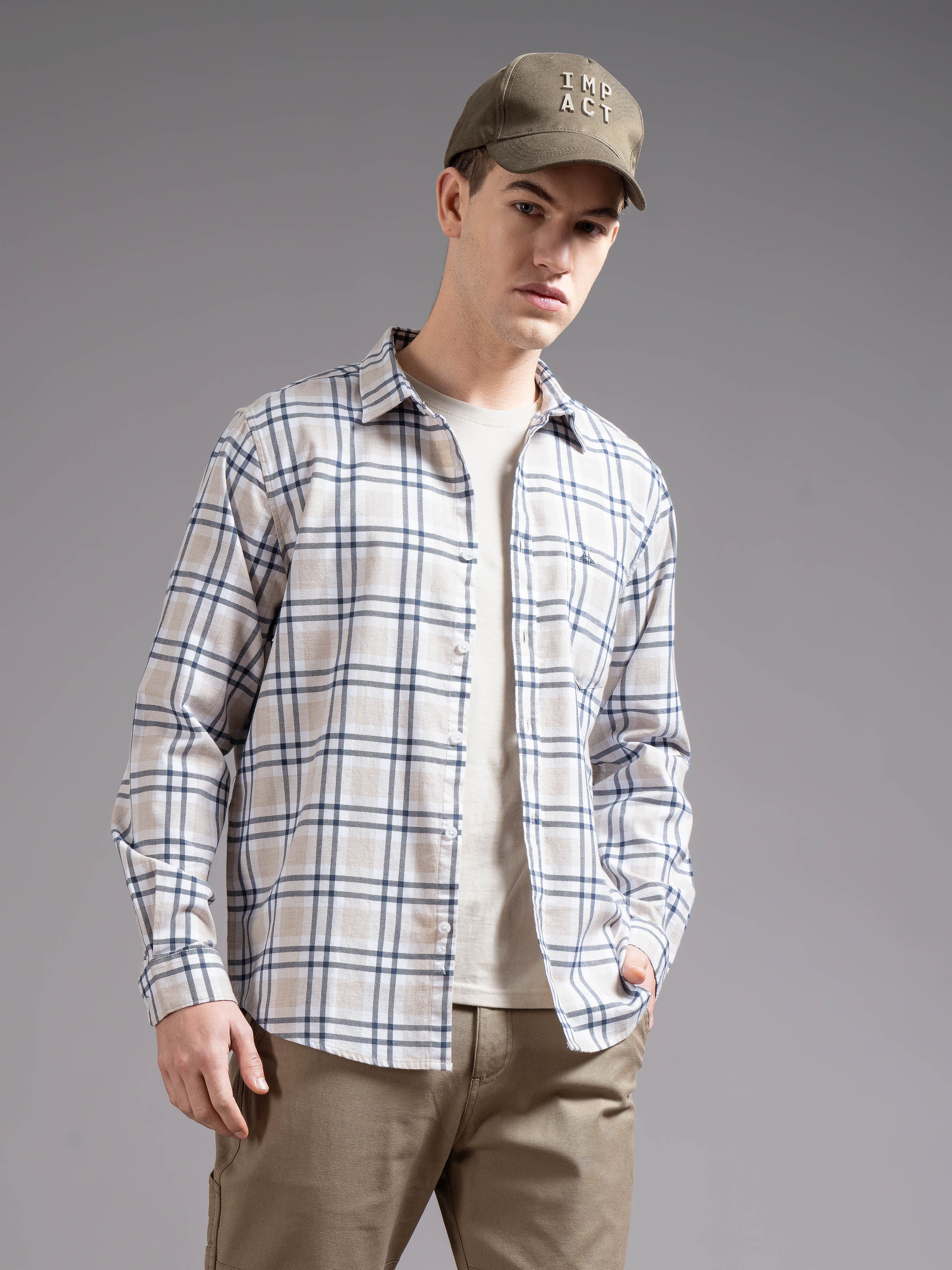 Men Beige Checked Shirt - Image 6