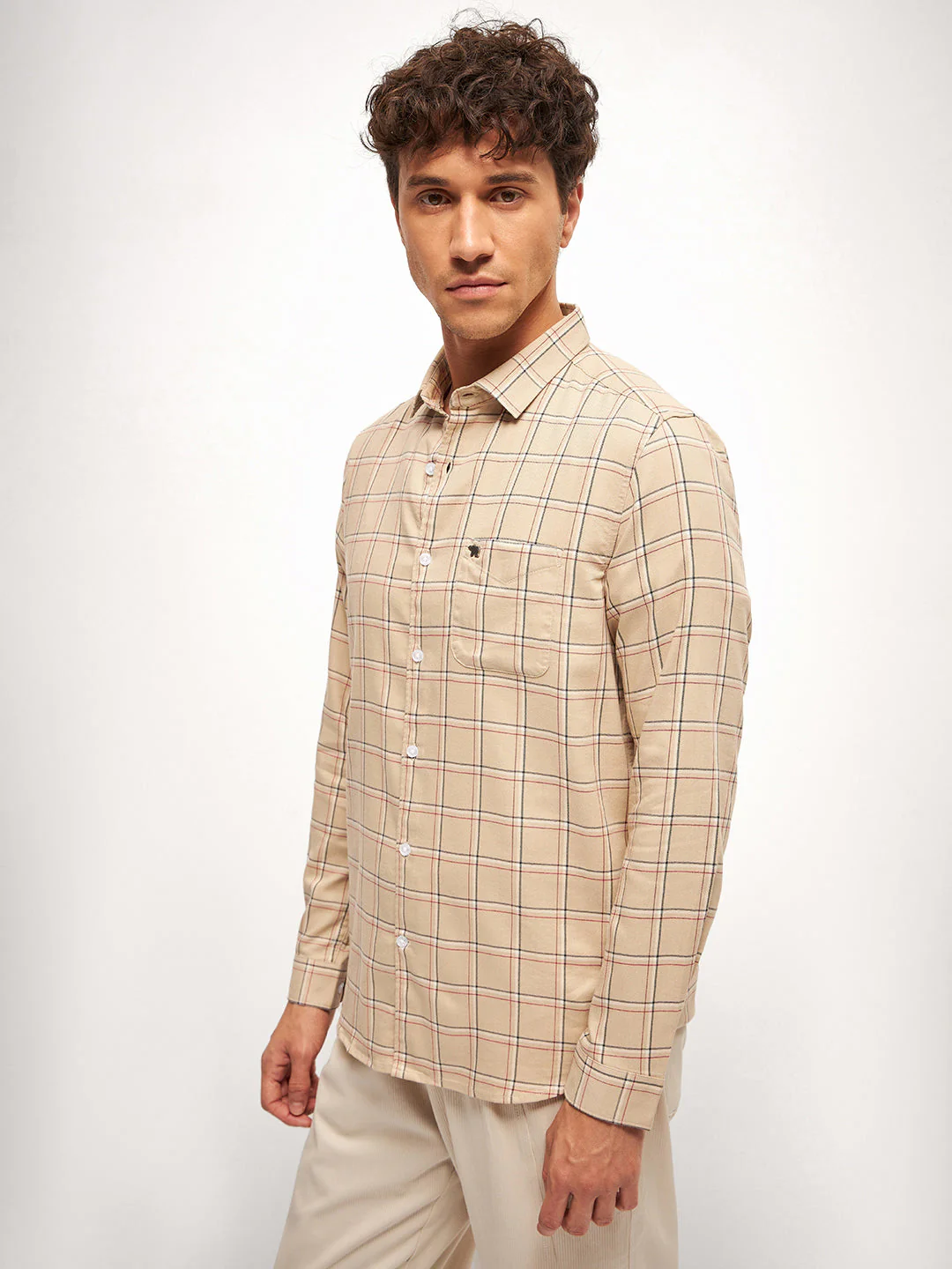 Men Beige Checked Slim Fit Casual Shirt - Image 3