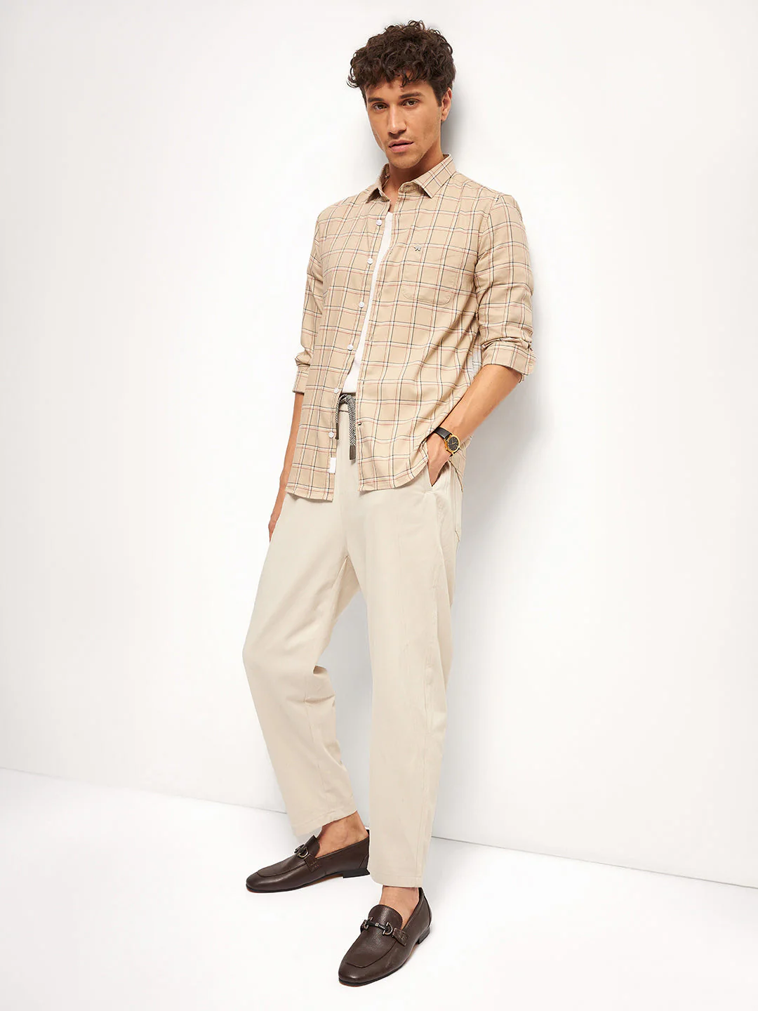 Men Beige Checked Slim Fit Casual Shirt - Image 4