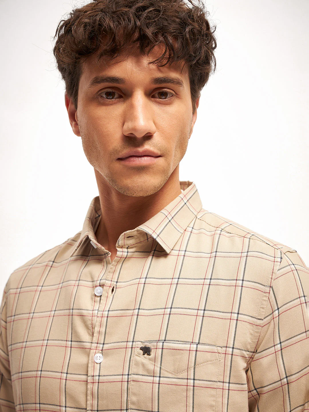 Men Beige Checked Slim Fit Casual Shirt - Image 5