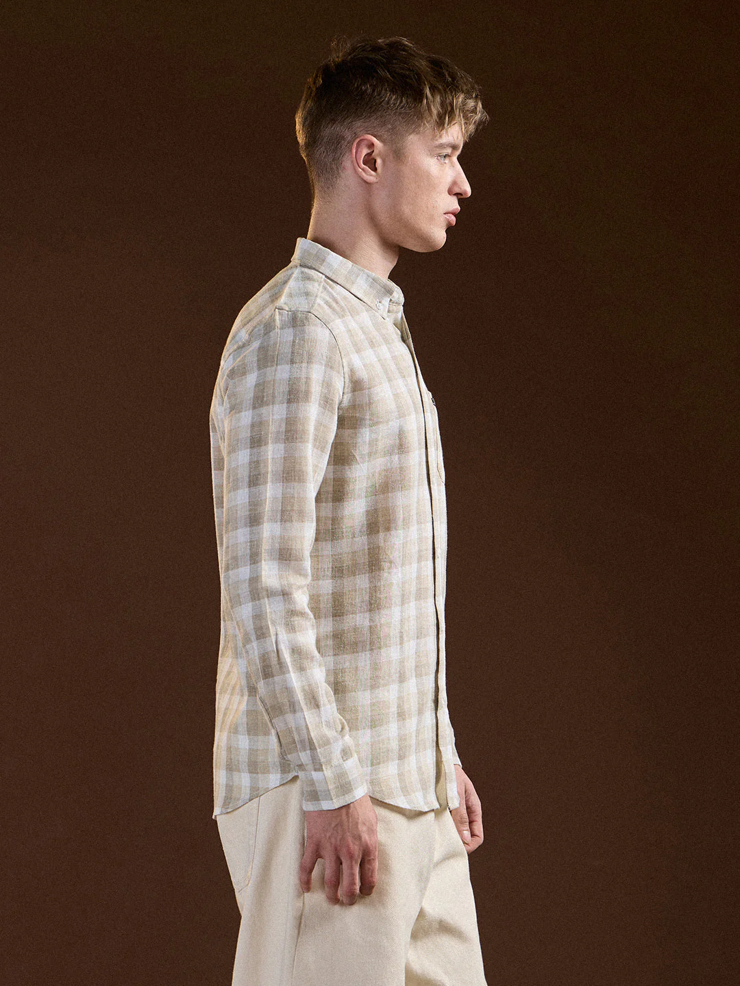 Men Beige Checked Slim Fit Casual Shirt - Image 3