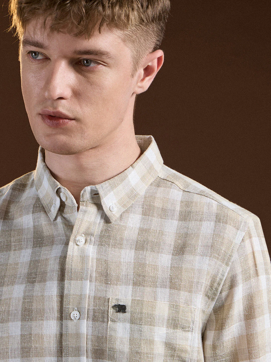 Men Beige Checked Slim Fit Casual Shirt - Image 5