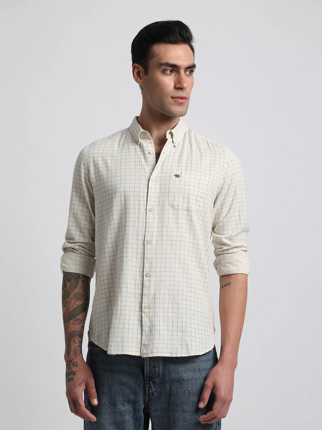 Men Beige Checked Slim Fit Cotton Casual Shirt - Image 2