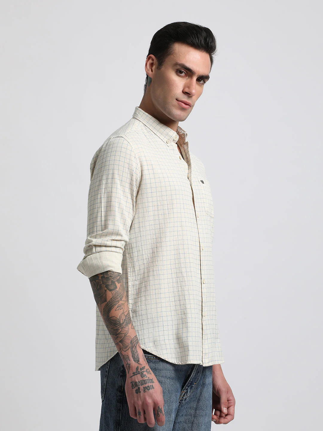 Men Beige Checked Slim Fit Cotton Casual Shirt - Image 3