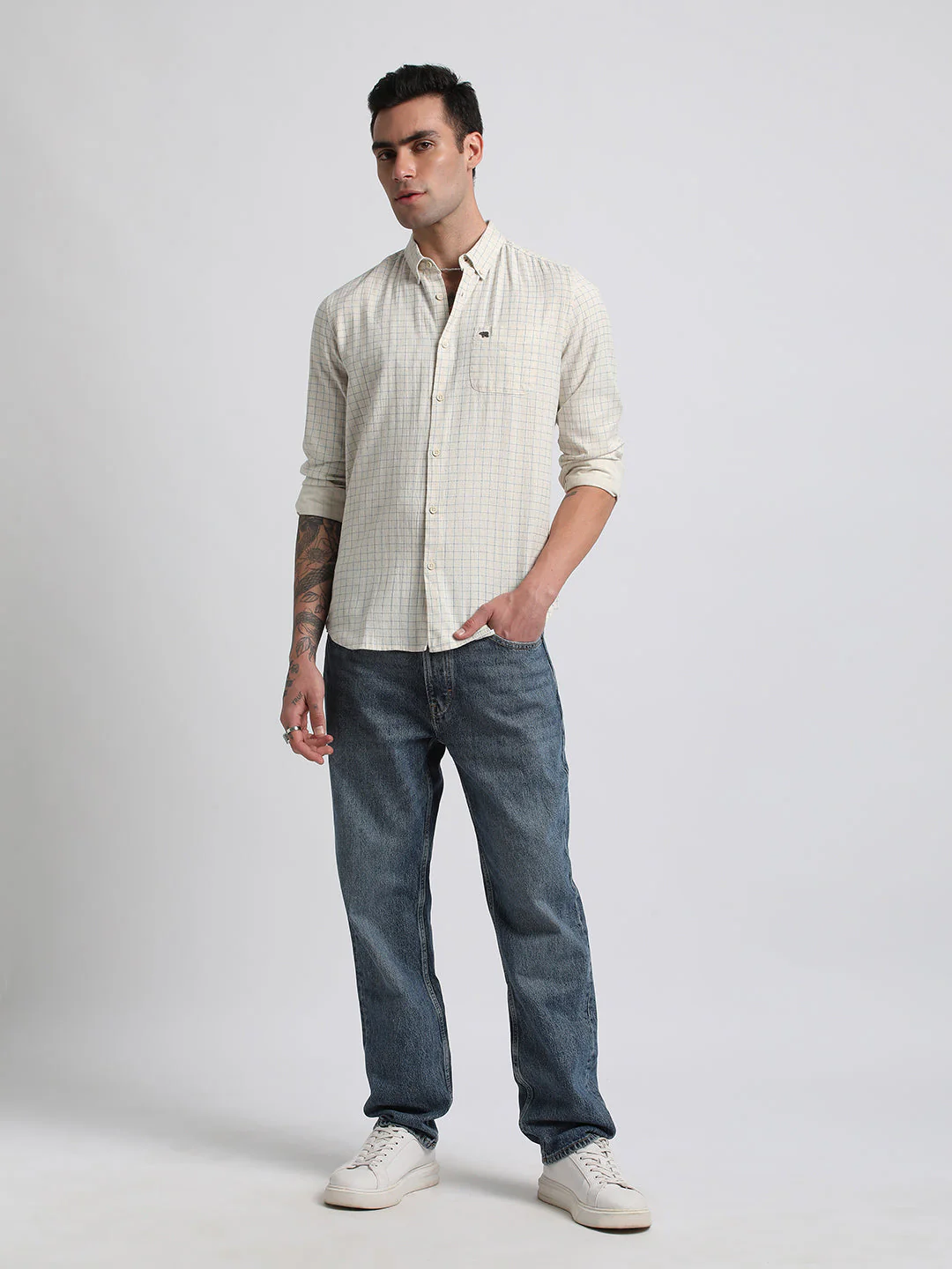 Men Beige Checked Slim Fit Cotton Casual Shirt - Image 5