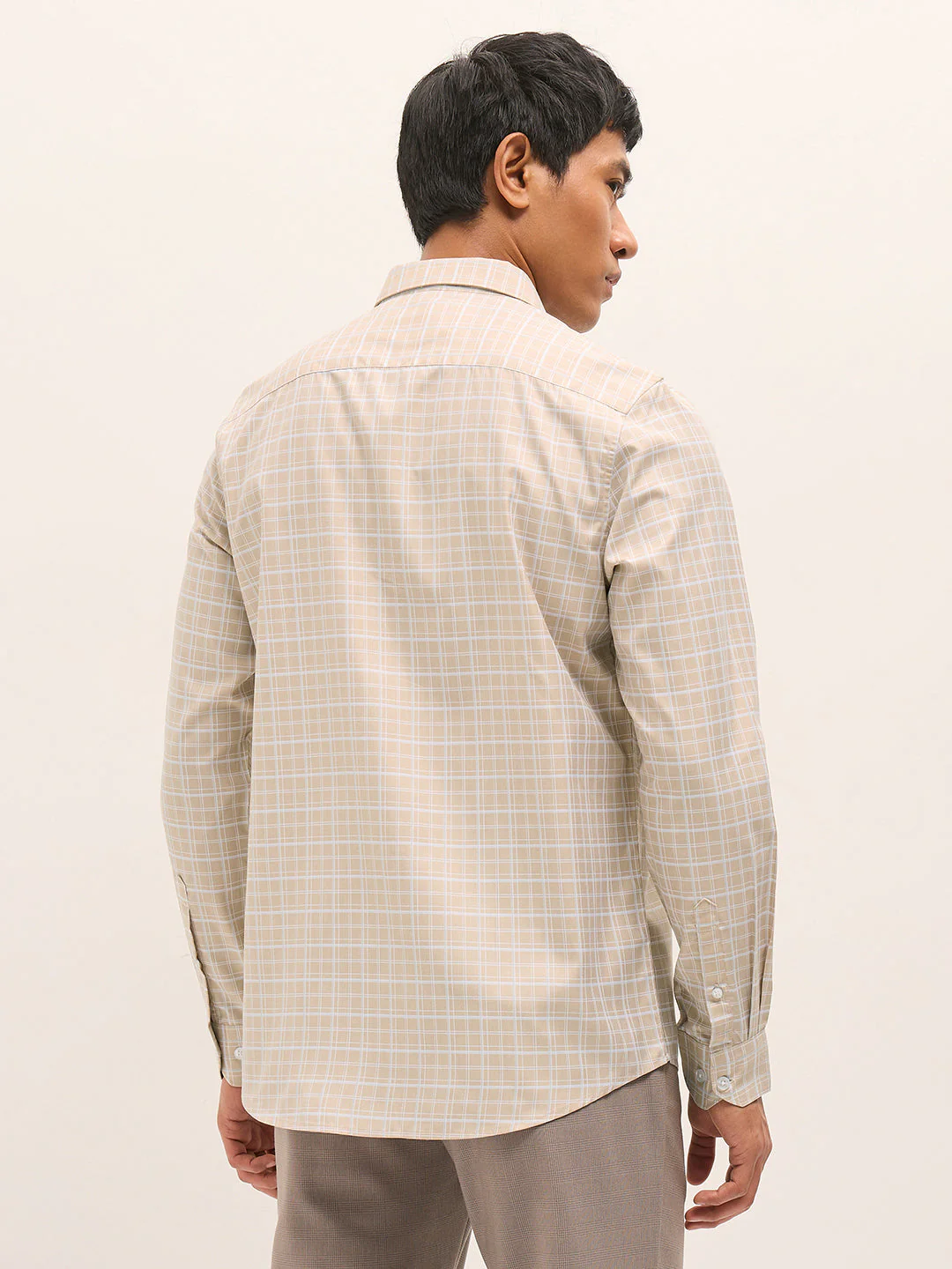 Men Beige Checked Tailored Fit Formal Shirt - Image 2