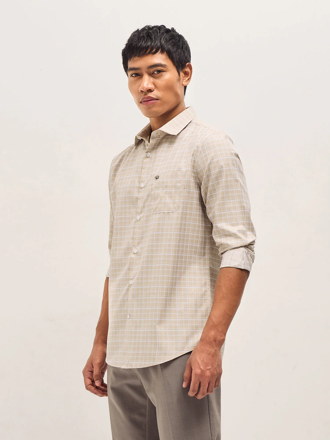 Men Beige Checked Tailored Fit Formal Shirt - Image 3