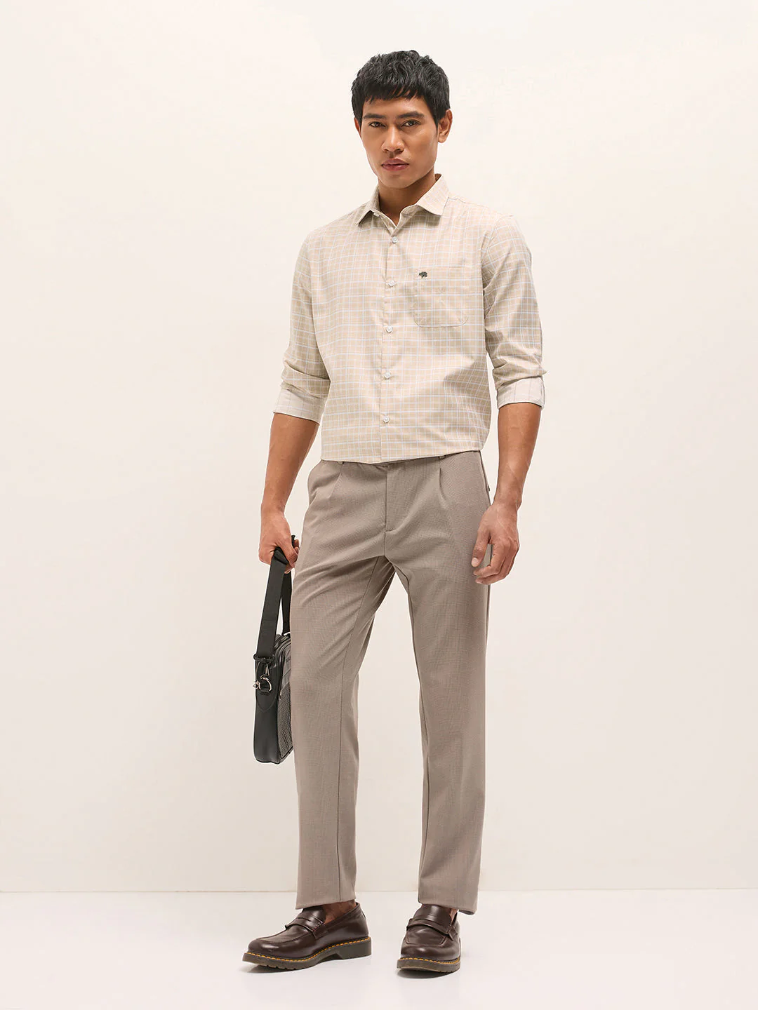 Men Beige Checked Tailored Fit Formal Shirt - Image 4
