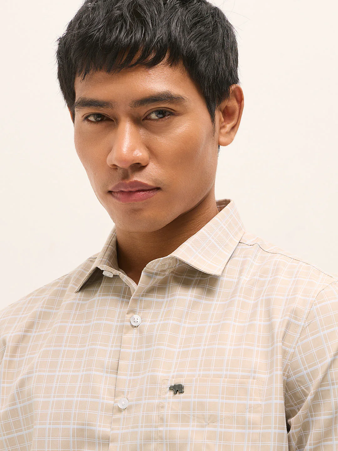 Men Beige Checked Tailored Fit Formal Shirt - Image 5