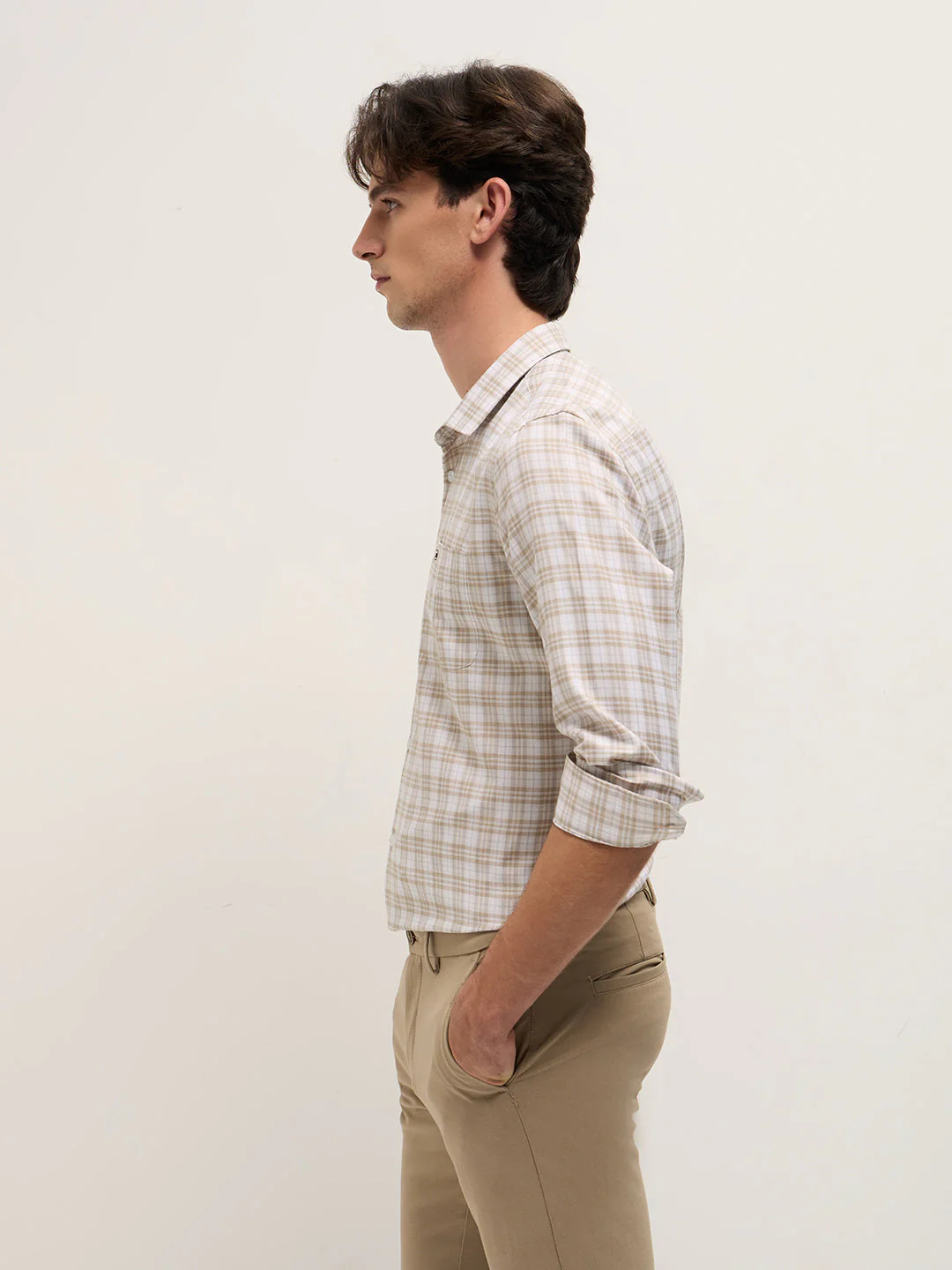 Men Beige Checked Tailored Fit Formal Shirt. - Image 3